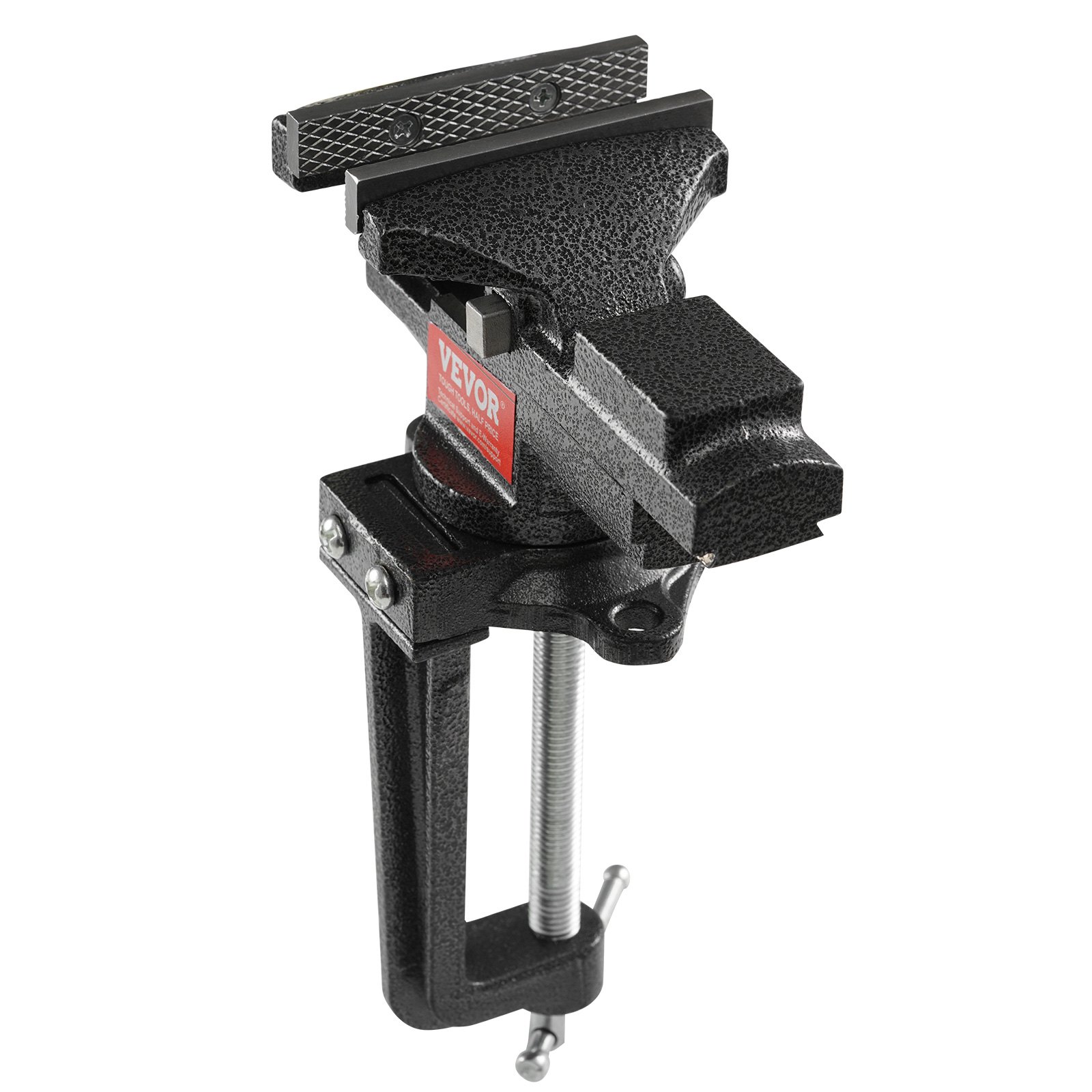 VEVOR bench vise with a sturdy clamp, textured jaws, and a durable metal body.