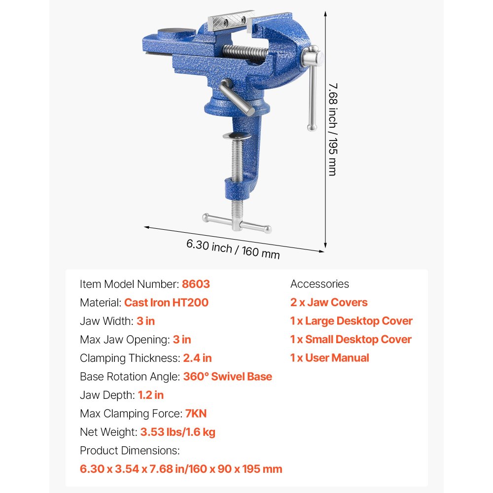 VEVOR Bench Vise, 3 Inch, Portable Workbench Vice with 360° Swivel Base, Quick Release Rotating Bench Clamp, Raised Base, Cast Iron Construction, for Woodworking, Metalworking, Drilling, and Cutting