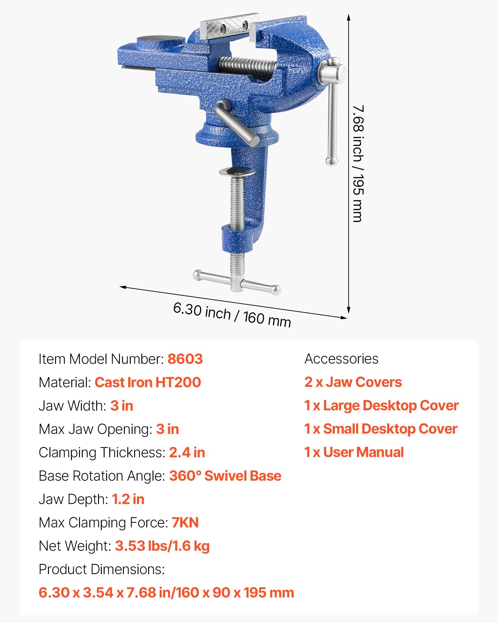 VEVOR Bench Vise, 3 Inch, Portable Workbench Vice with 360° Swivel Base, Quick Release Rotating Bench Clamp, Raised Base, Cast Iron Construction, for Woodworking, Metalworking, Drilling, and Cutting