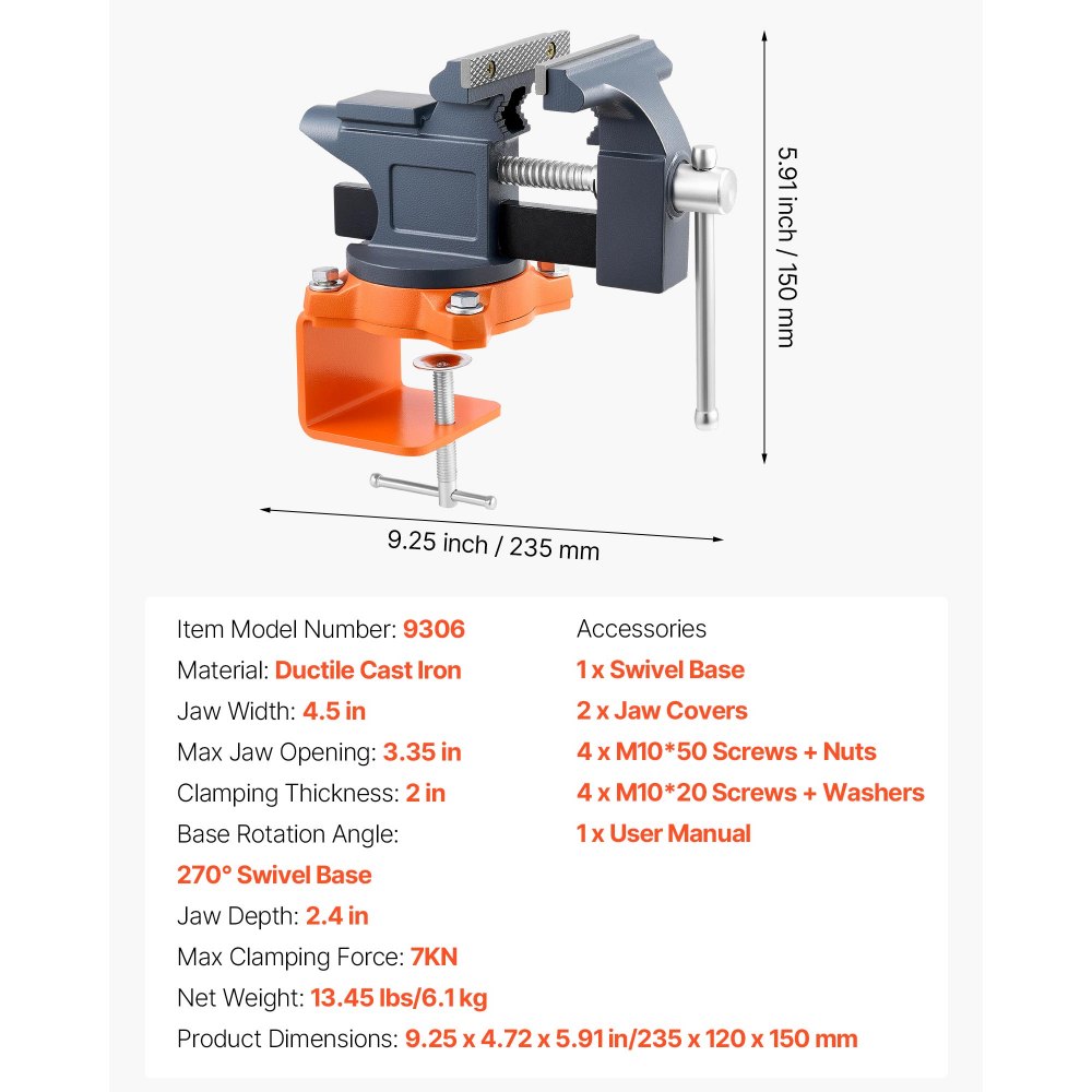 VEVOR Bench Vise, 4.5 Inch, Portable Workbench Vice with 270° Swivel Base, Quick Release Rotating Bench Clamp, Cast Iron Construction, for Woodworking, Metalworking, Drilling, Sawing, Cutting Conduit
