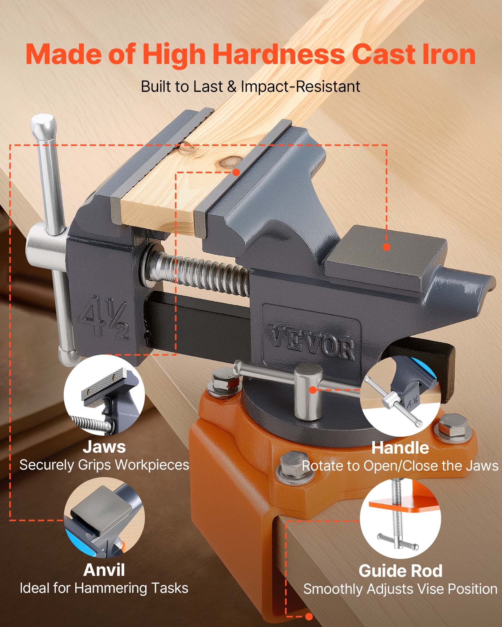 VEVOR Bench Vise, 4.5 Inch, Portable Workbench Vice with 270° Swivel Base, Quick Release Rotating Bench Clamp, Cast Iron Construction, for Woodworking, Metalworking, Drilling, Sawing, Cutting Conduit
