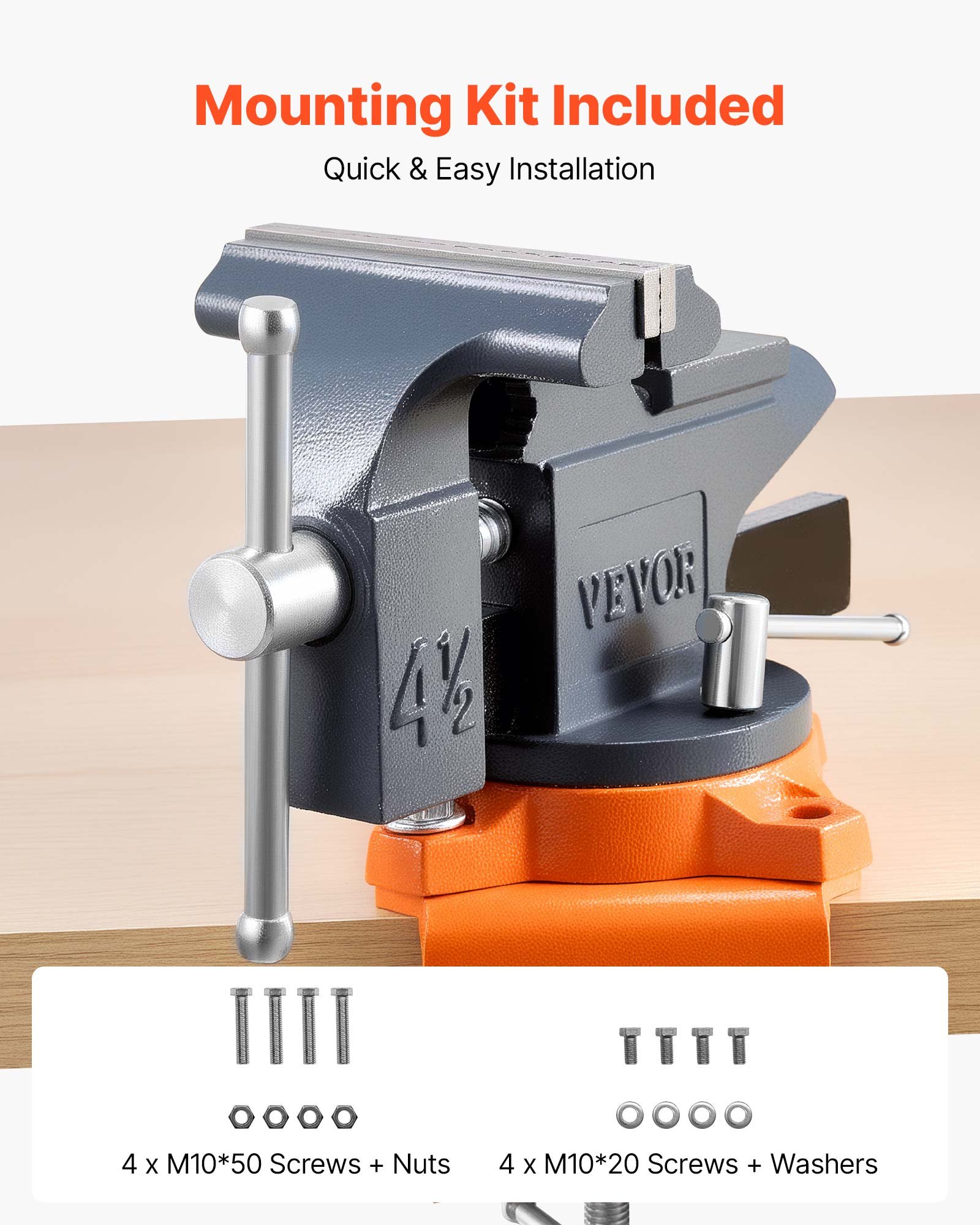 VEVOR Bench Vise, 4.5 Inch, Portable Workbench Vice with 270° Swivel Base, Quick Release Rotating Bench Clamp, Cast Iron Construction, for Woodworking, Metalworking, Drilling, Sawing, Cutting Conduit