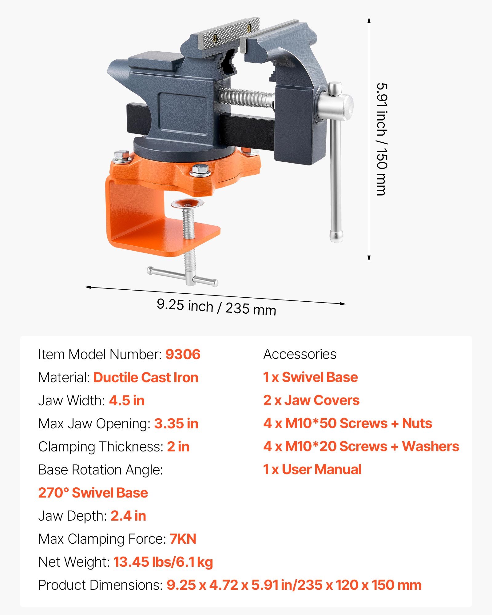 VEVOR Bench Vise, 4.5 Inch, Portable Workbench Vice with 270° Swivel Base, Quick Release Rotating Bench Clamp, Cast Iron Construction, for Woodworking, Metalworking, Drilling, Sawing, Cutting Conduit
