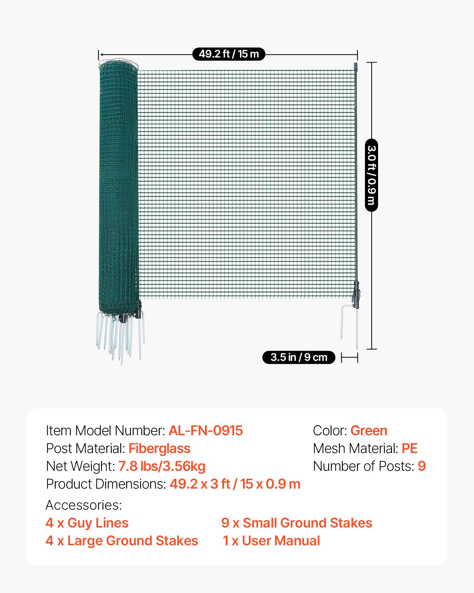 VEVOR Temporary Fence with Posts, 0.9 x 15m Plastic Mesh Fencing, Garden Safety Fences Netting with Double-Spike Stakes & Guy Ropes, Temporary Fence for Dogs, Chickens, Plants, Outdoor Yards