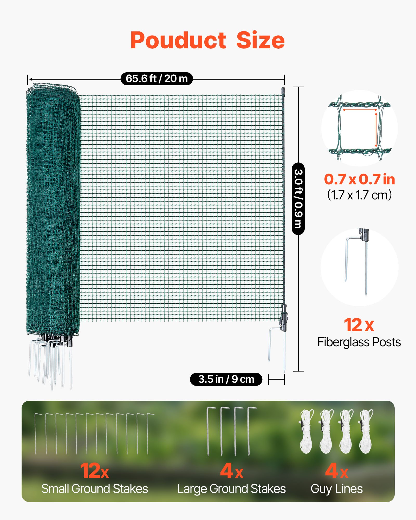VEVOR Temporary Fence with Posts, 0.9 x 20m Plastic Mesh Fencing, Garden Safety Fences Netting with Double-Spike Stakes & Guy Ropes, Temporary Fence for Dogs, Chickens, Plants, Outdoor Yards