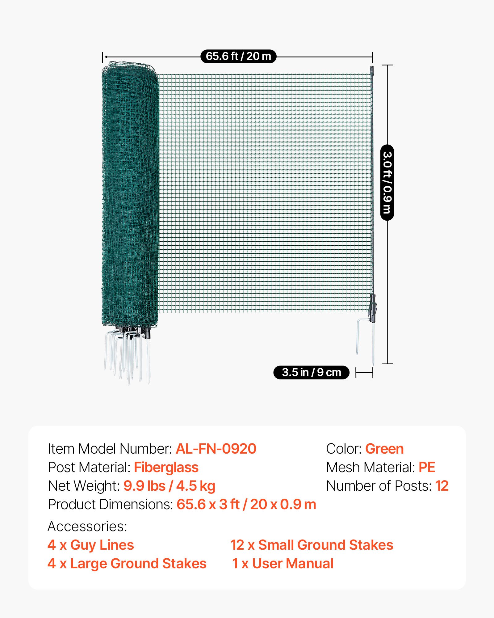 VEVOR Temporary Fence with Posts, 0.9 x 20m Plastic Mesh Fencing, Garden Safety Fences Netting with Double-Spike Stakes & Guy Ropes, Temporary Fence for Dogs, Chickens, Plants, Outdoor Yards