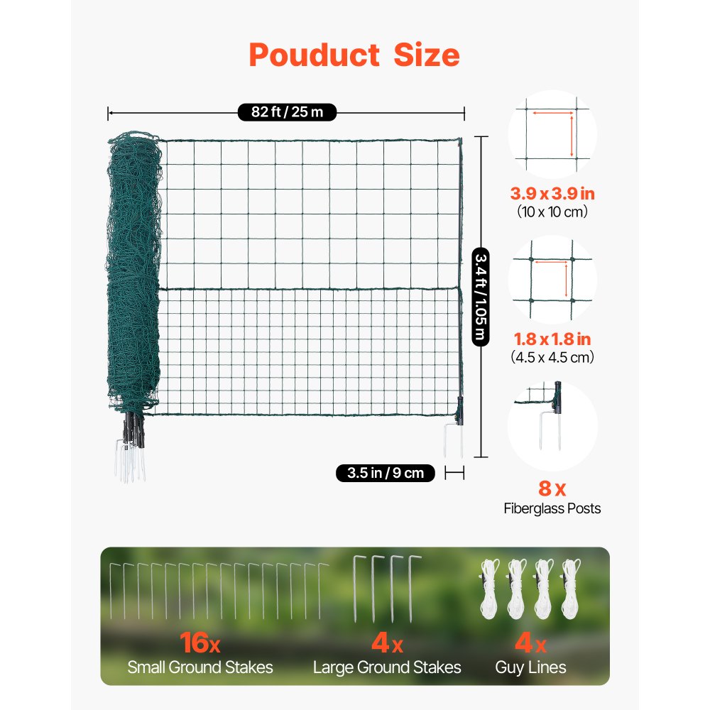 VEVOR Temporary Fence with Posts, 1.05 x 25m Plastic Mesh Fencing, Garden Safety Fences Netting with Double-Spike Stakes & Guy Ropes, Temporary Fence for Dogs, Chickens, Plants, Outdoor Yards
