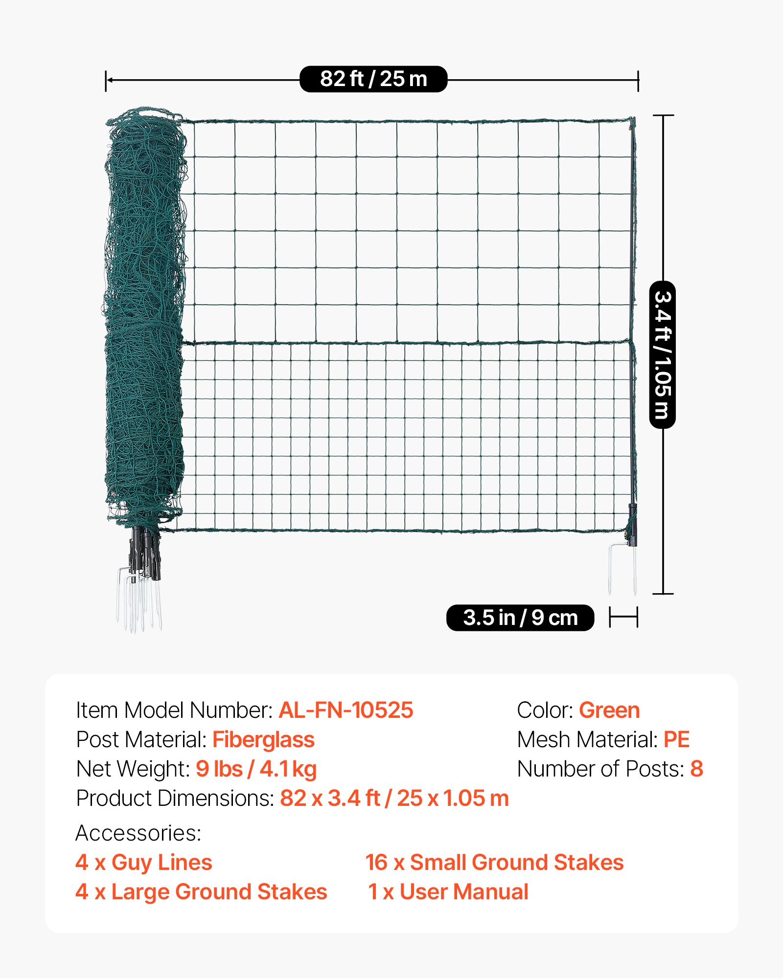 VEVOR Temporary Fence with Posts, 1.05 x 25m Plastic Mesh Fencing, Garden Safety Fences Netting with Double-Spike Stakes & Guy Ropes, Temporary Fence for Dogs, Chickens, Plants, Outdoor Yards