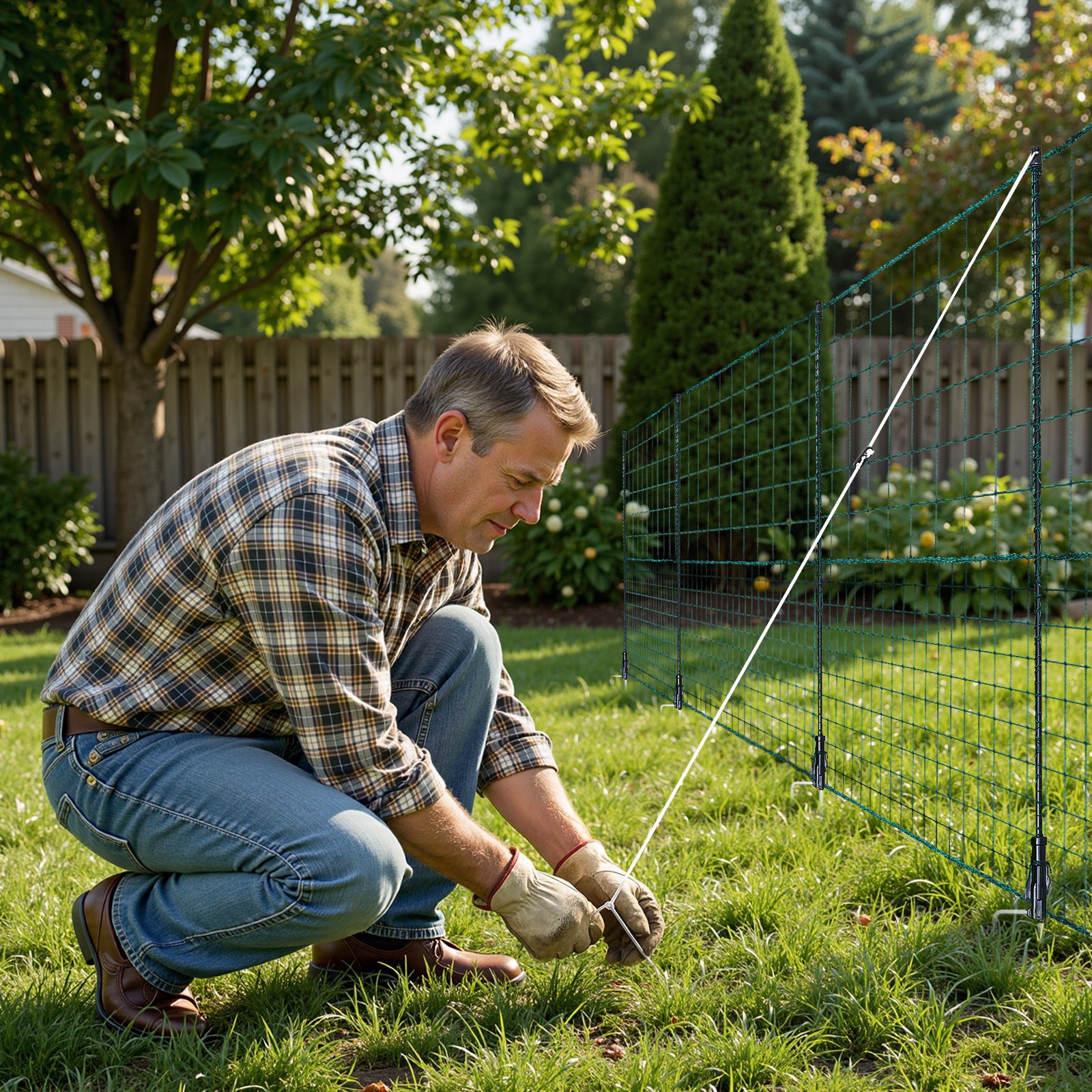 VEVOR Temporary Fence with Posts, 1.05 x 25m Plastic Mesh Fencing, Garden Safety Fences Netting with Double-Spike Stakes & Guy Ropes, Temporary Fence for Dogs, Chickens, Plants, Outdoor Yards