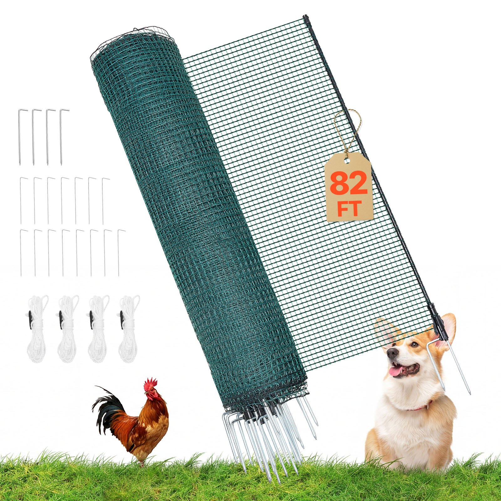 VEVOR Temporary Fence with Posts, 1.2 x 25m Plastic Mesh Fencing, Garden Safety Fences Netting with Double-Spike Stakes & Guy Ropes, Temporary Fence for Dogs, Chickens, Plants, Outdoor Yards