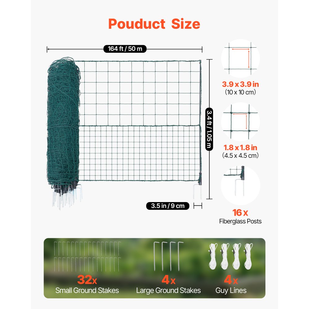 VEVOR Temporary Fence with Posts, 1.05 x 50m Plastic Mesh Fencing, Garden Safety Fences Netting with Double-Spike Stakes & Guy Ropes, Temporary Fence for Dogs, Chickens, Plants, Outdoor Yards