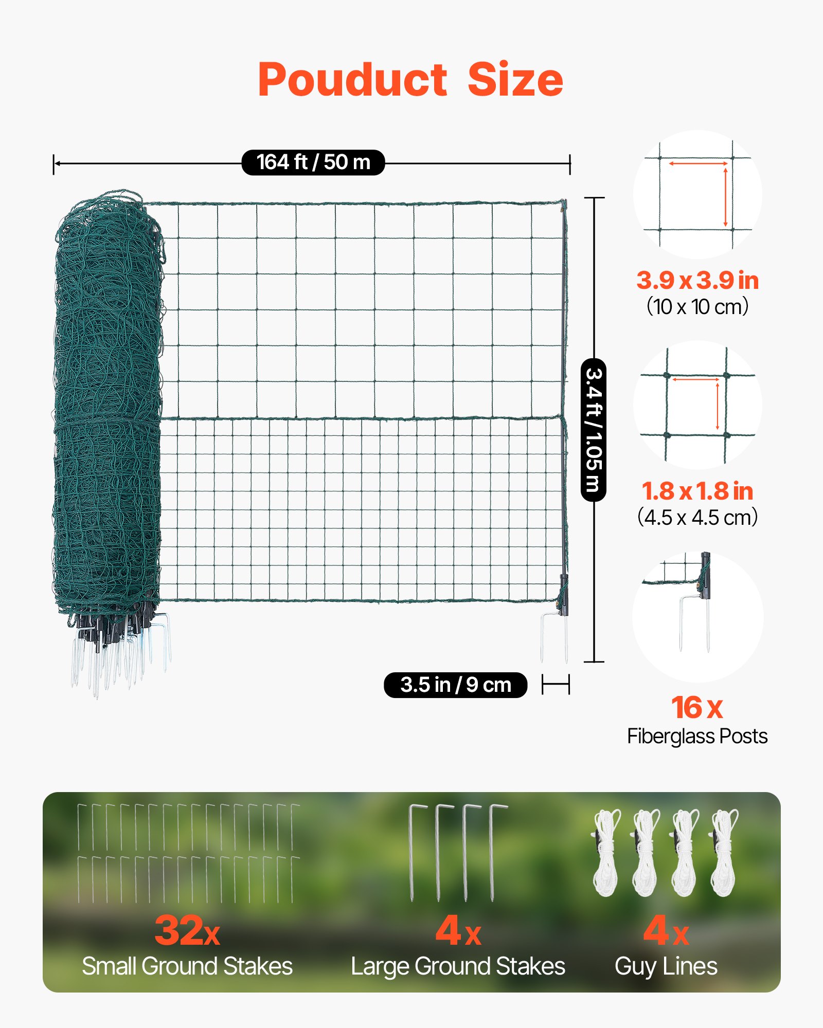 VEVOR Temporary Fence with Posts, 1.05 x 50m Plastic Mesh Fencing, Garden Safety Fences Netting with Double-Spike Stakes & Guy Ropes, Temporary Fence for Dogs, Chickens, Plants, Outdoor Yards