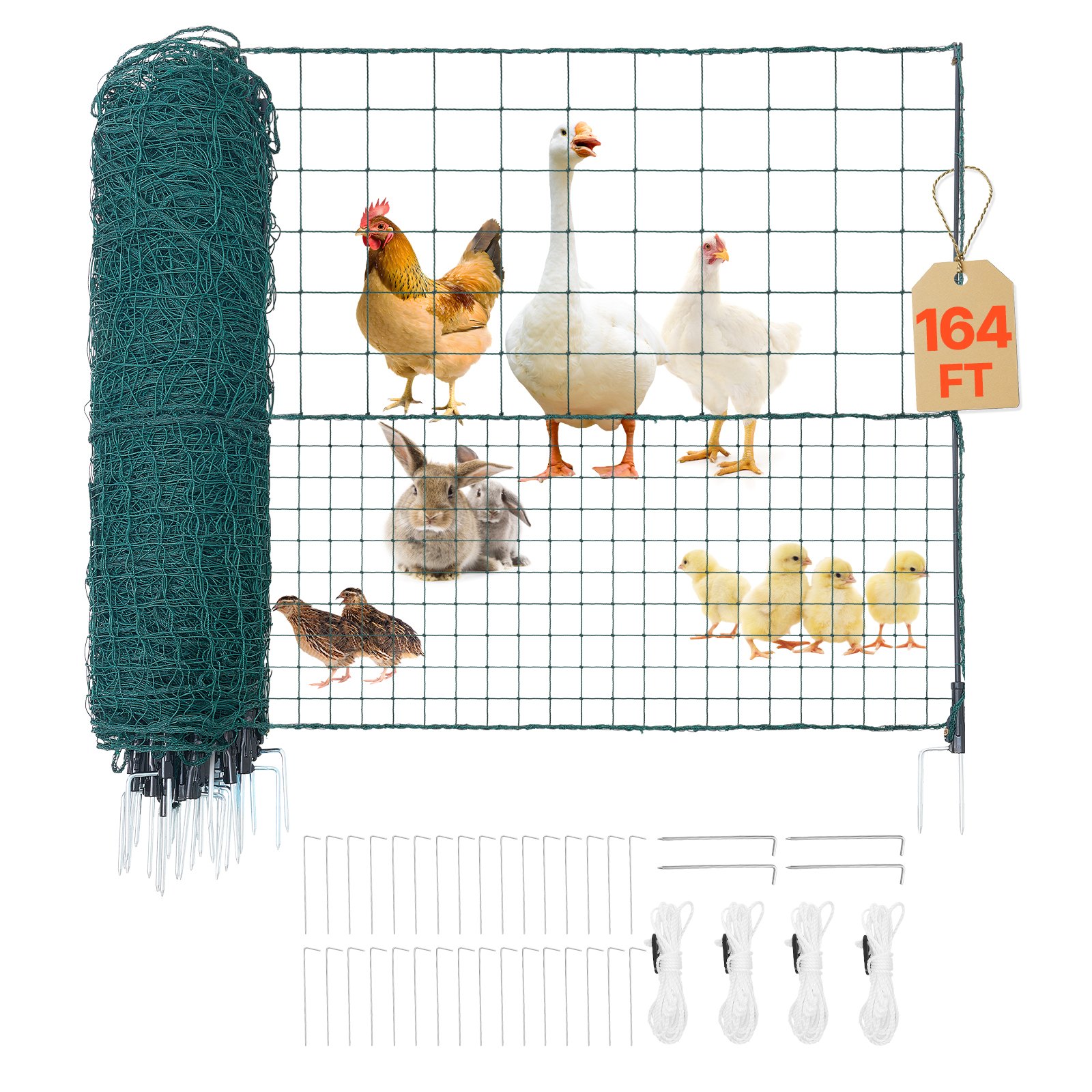 VEVOR Temporary Fence with Posts, 1.05 x 50m Plastic Mesh Fencing, Garden Safety Fences Netting with Double-Spike Stakes & Guy Ropes, Temporary Fence for Dogs, Chickens, Plants, Outdoor Yards