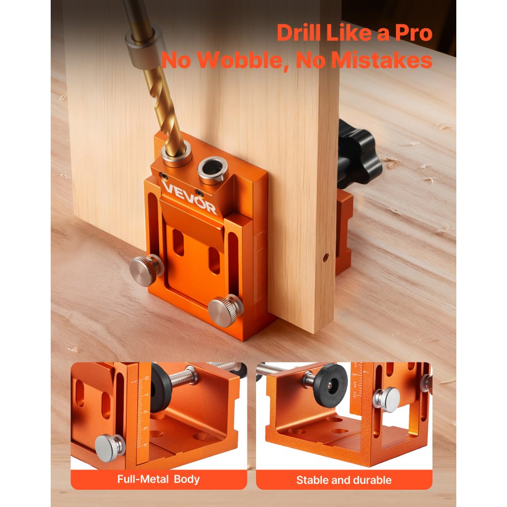 VEVOR Pocket Hole Jig Kit, 12 mm to 48 mm Adjustable, Jig Pocket Hole System with Step Drill, Hex Wrench, Drill Stop Ring, Square Drive Bit, Plugs and Screws, Reinforced Metal Frame, for Woodworking