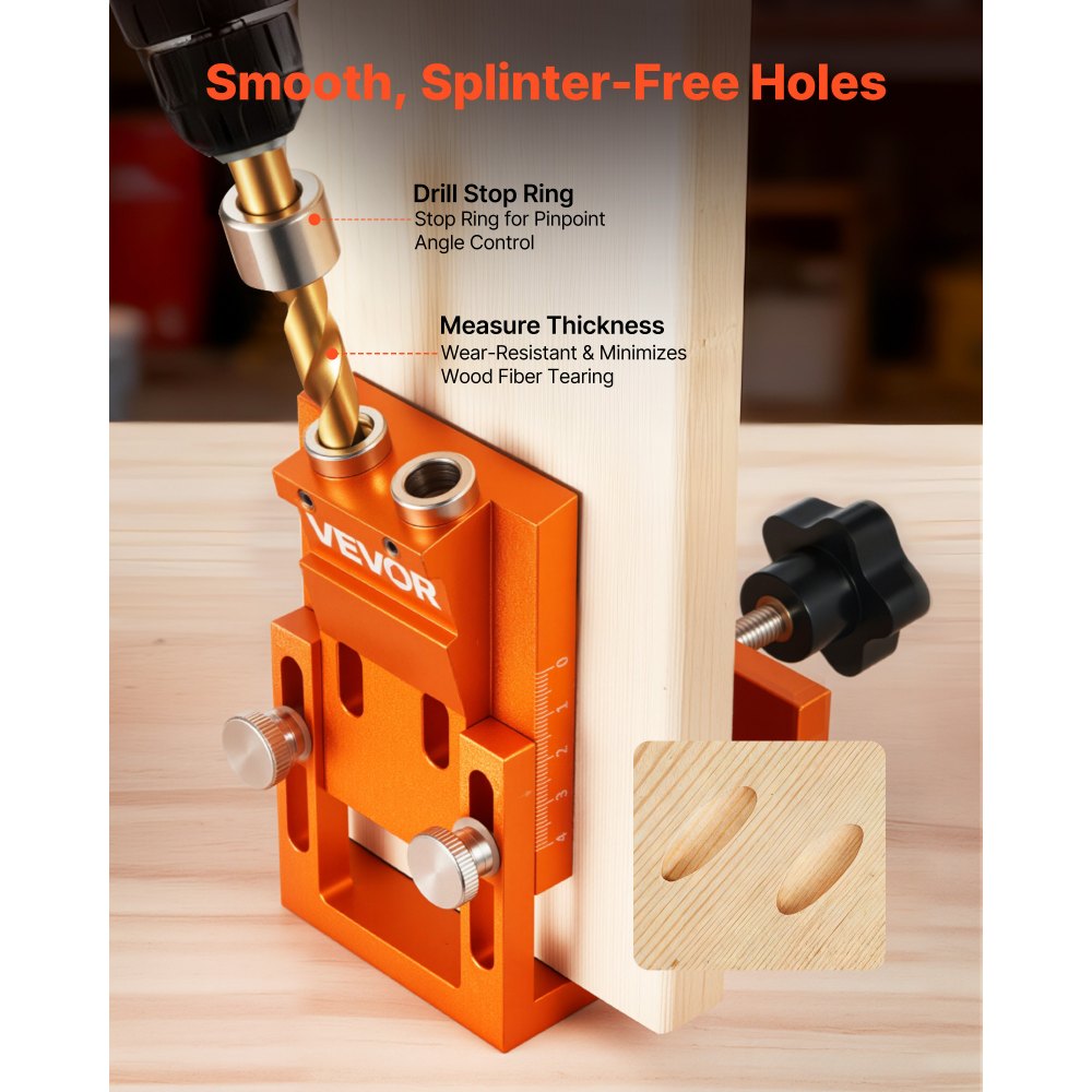 VEVOR Pocket Hole Jig Kit, 12 mm to 48 mm Adjustable, Jig Pocket Hole System with Step Drill, Hex Wrench, Drill Stop Ring, Square Drive Bit, Plugs and Screws, Reinforced Metal Frame, for Woodworking