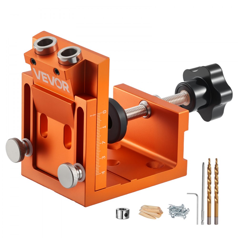 VEVOR Pocket Hole Jig Kit, 12 mm to 48 mm Adjustable, Jig Pocket Hole System with Step Drill, Hex Wrench, Drill Stop Ring, Square Drive Bit, Plugs and Screws, Reinforced Metal Frame, for Woodworking