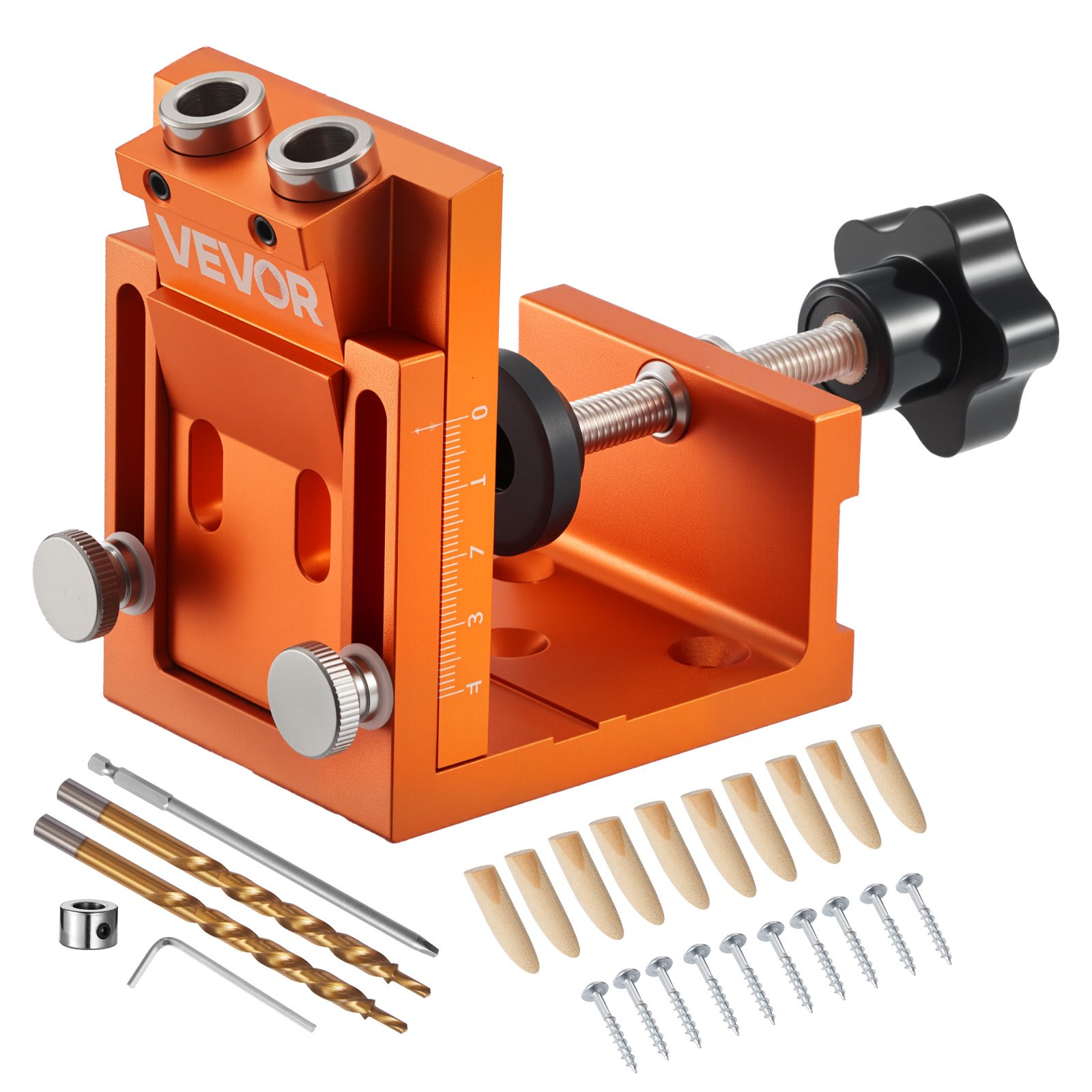 VEVOR Pocket Hole Jig Kit, 12 mm to 48 mm Adjustable, Jig Pocket Hole System with Step Drill, Hex Wrench, Drill Stop Ring, Square Drive Bit, Plugs and Screws, Reinforced Metal Frame, for Woodworking