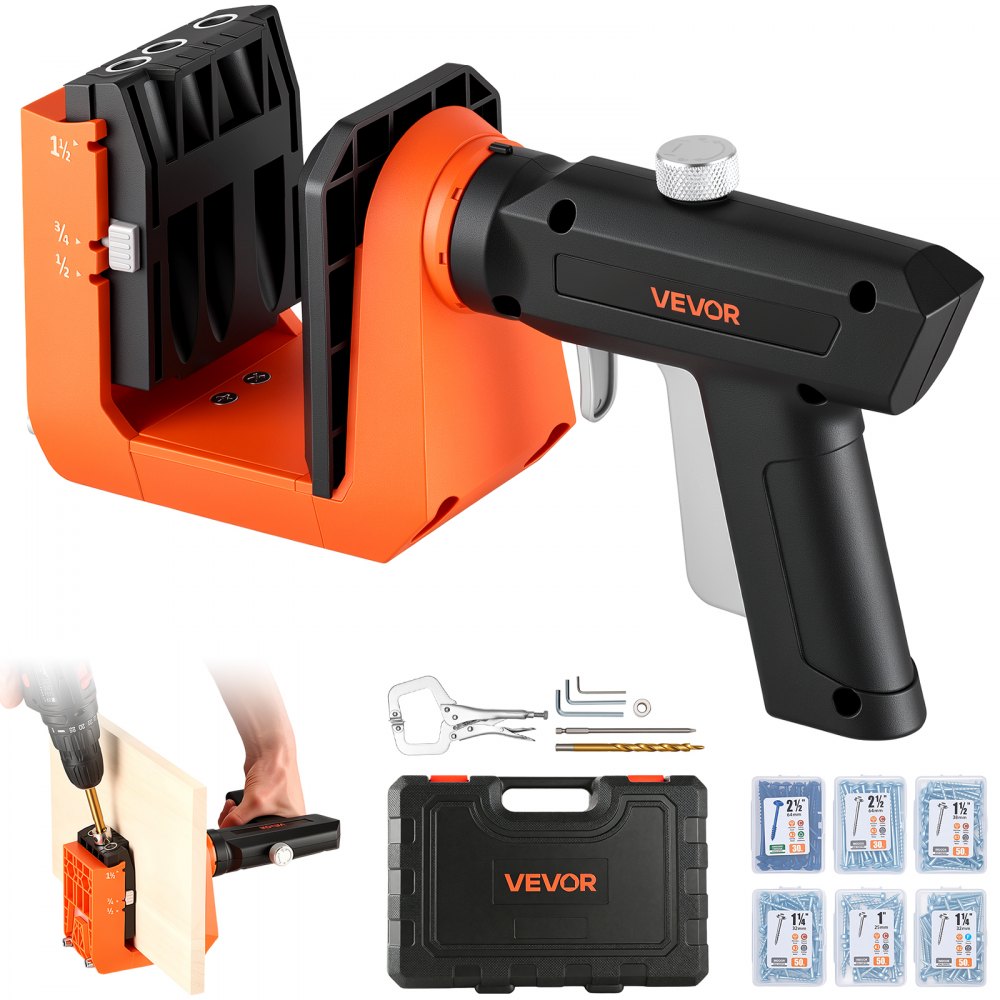 VEVOR Pocket Hole Jig Kit, 1/2", 3/4", 1-1/2" Adjustable, 360° Rotating Handle, Jig Pocket Hole System with 260 Screws, C-Clamp, Stop Collar, Drill Bit, Easy Clamping and Adjusting, for Woodworking