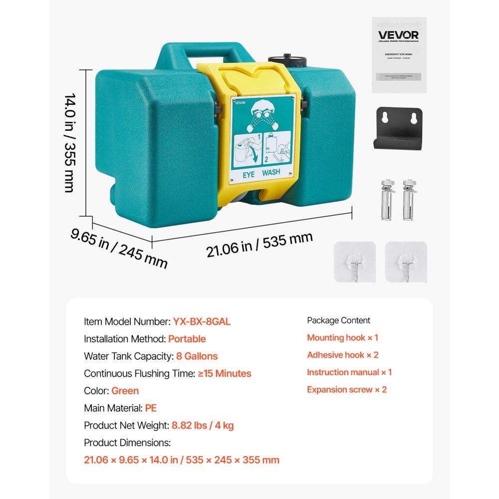VEVOR Portable Eye Wash Station 8 Gal, OSHA-Approved Eyewash Station Wall-Mounted/On Flat Surface, Emergency Eye Wash Unit with 2 Sprays, First Aid Eyewash Units for Schools, Labs, Factories, Green