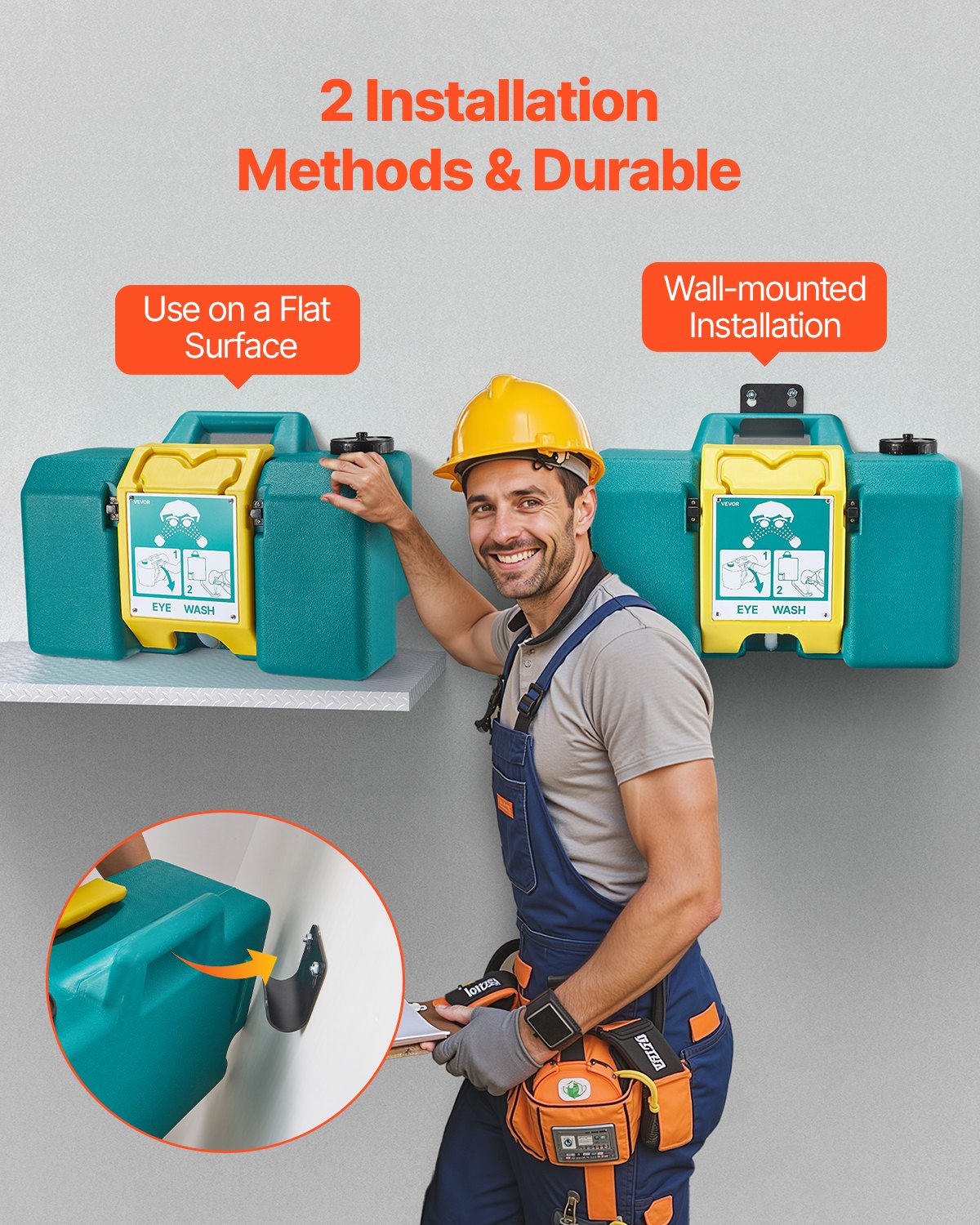 VEVOR Portable Eye Wash Station 30L/8 Gal, OSHA-Approved Eyewash Station Wall-Mounted/On Flat Surface, Emergency Eye Wash Unit with 2 Sprays, First Aid Eyewash Units for Schools, Labs, Factories, Green