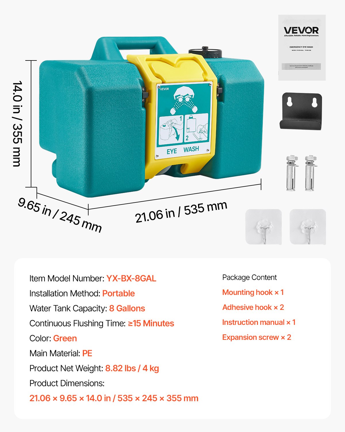 VEVOR Portable Eye Wash Station 30L/8 Gal, OSHA-Approved Eyewash Station Wall-Mounted/On Flat Surface, Emergency Eye Wash Unit with 2 Sprays, First Aid Eyewash Units for Schools, Labs, Factories, Green