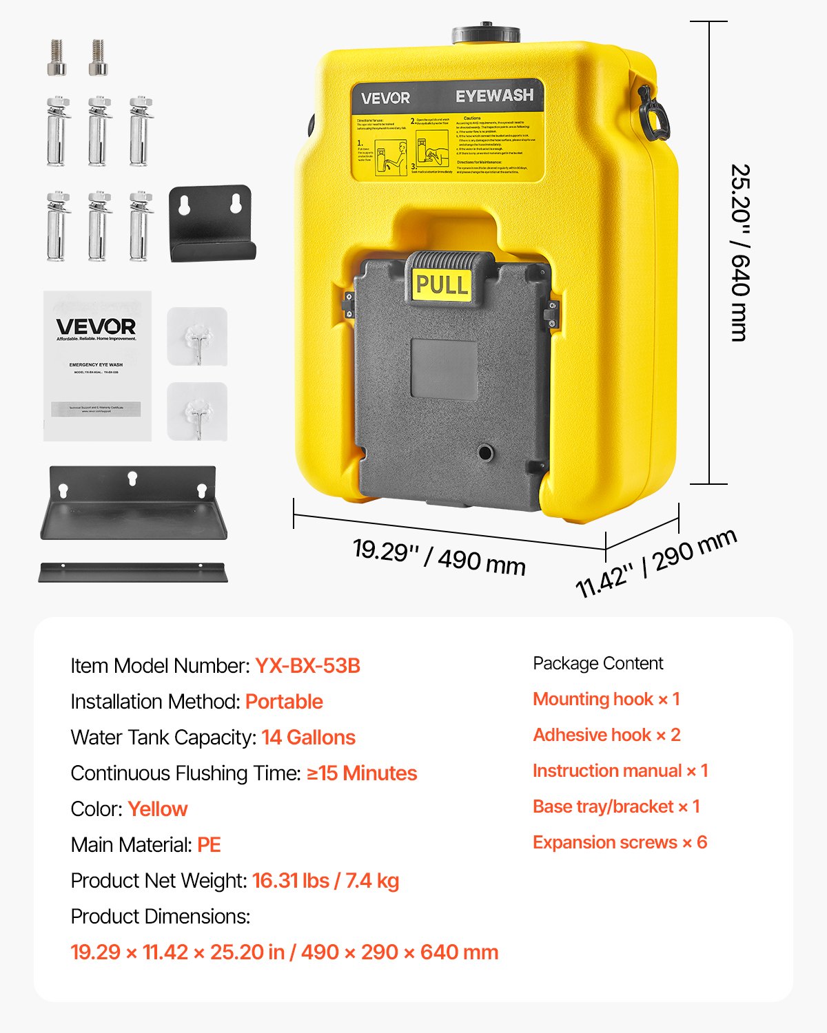 VEVOR Portable Eye Wash Station 53L, OSHA-Approved Eyewash Station Wall-Mounted/On Flat Surface, Emergency Eye Wash Unit with 2 Sprays, First Aid Eyewash Units for Schools, Labs, Factories, Yellow