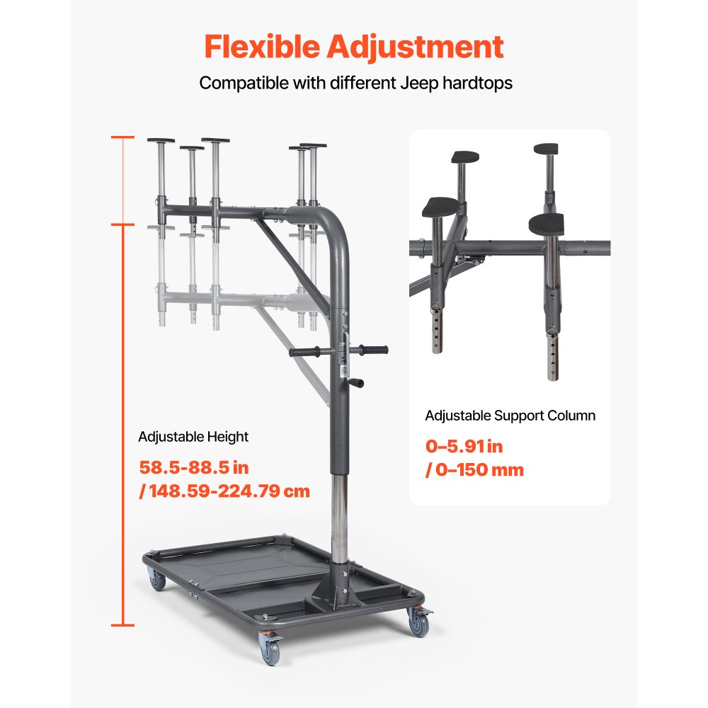 VEVOR Hard Top Remover Lift, 99.79 kg, Jeep Hardtop Removal and Storage System, Quick & Easy One-Person Operation, Adjustable Height, for Jeep Wrangler YJ, TJ, JK, JL, 4XE, Ford Bronco 4 Door & 6 Gen+