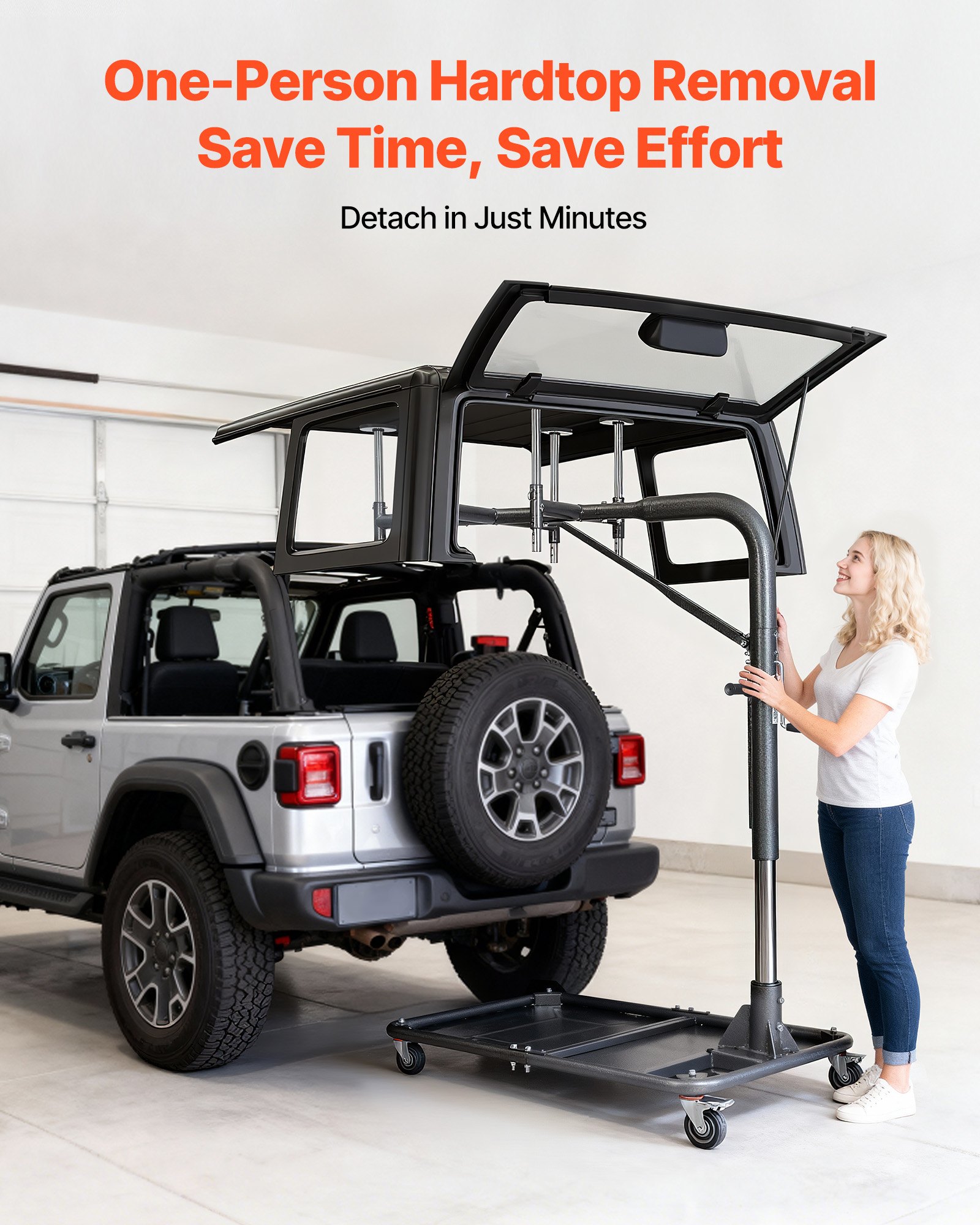 VEVOR Hard Top Remover Lift, 99.79 kg, Jeep Hardtop Removal and Storage System, Quick & Easy One-Person Operation, Adjustable Height, for Jeep Wrangler YJ, TJ, JK, JL, 4XE, Ford Bronco 4 Door & 6 Gen+