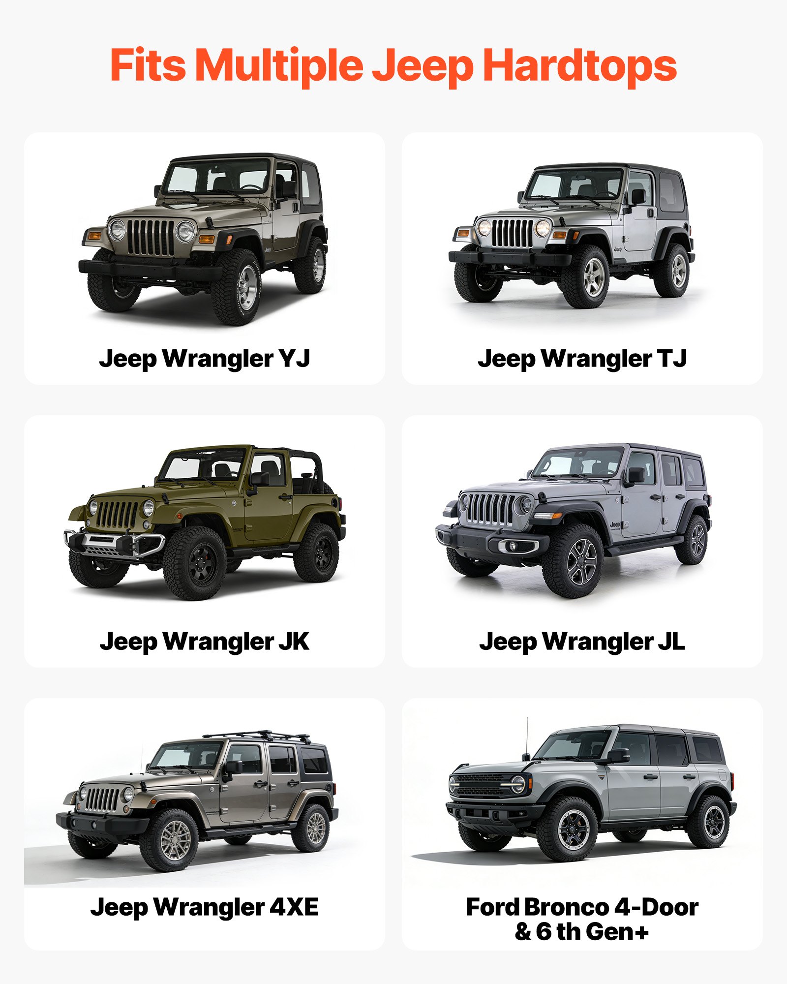 VEVOR Hard Top Remover Lift, 99.79 kg, Jeep Hardtop Removal and Storage System, Quick & Easy One-Person Operation, Adjustable Height, for Jeep Wrangler YJ, TJ, JK, JL, 4XE, Ford Bronco 4 Door & 6 Gen+