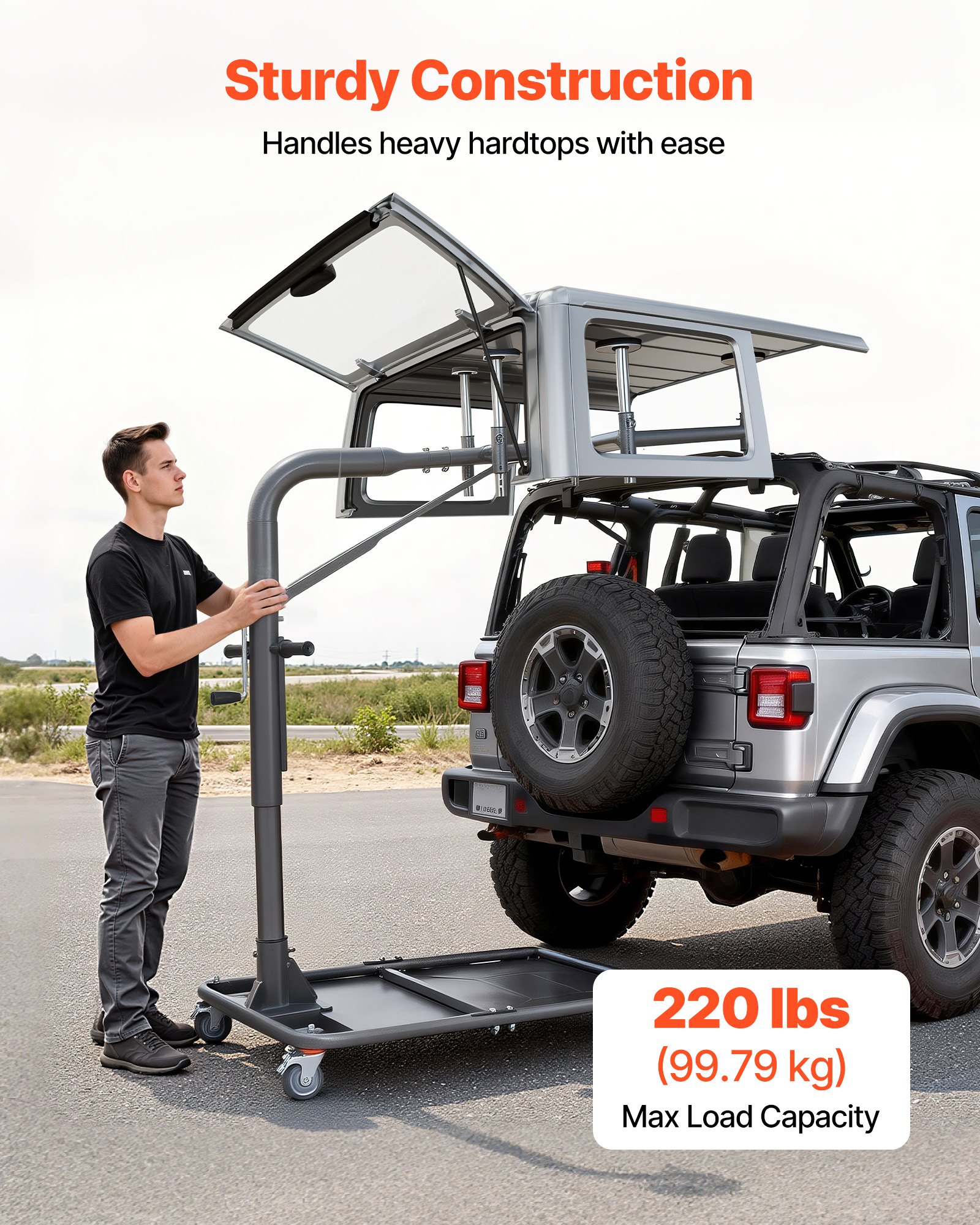 VEVOR Hard Top Remover Lift, 99.79 kg, Jeep Hardtop Removal and Storage System, Quick & Easy One-Person Operation, Adjustable Height, for Jeep Wrangler YJ, TJ, JK, JL, 4XE, Ford Bronco 4 Door & 6 Gen+