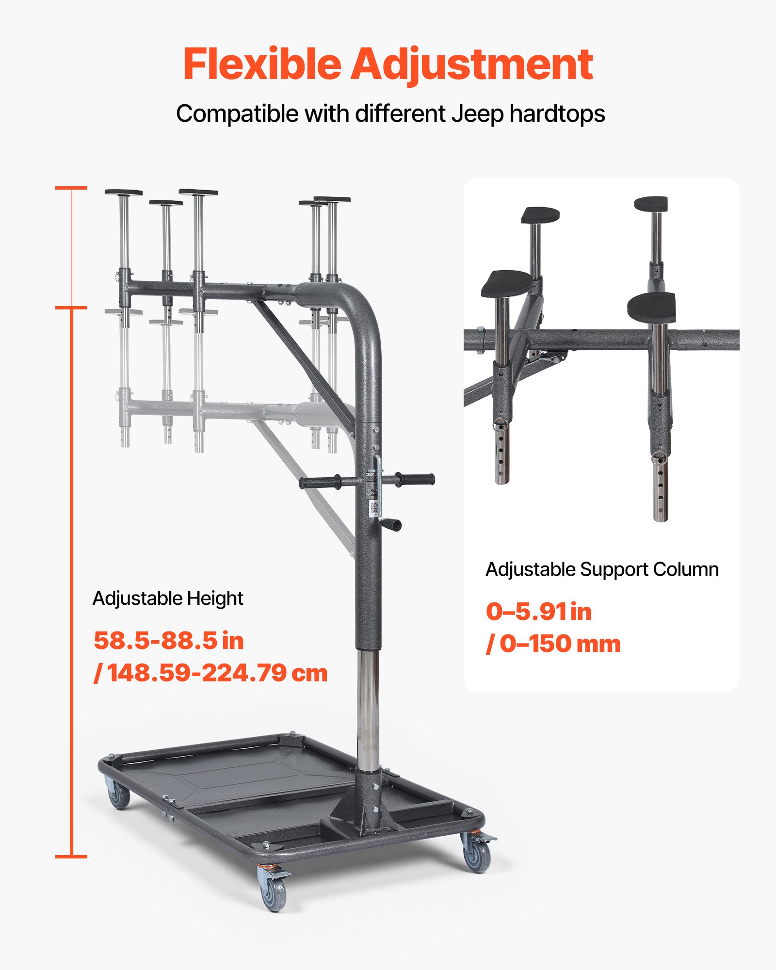 VEVOR Hard Top Remover Lift, 99.79 kg, Jeep Hardtop Removal and Storage System, Quick & Easy One-Person Operation, Adjustable Height, for Jeep Wrangler YJ, TJ, JK, JL, 4XE, Ford Bronco 4 Door & 6 Gen+