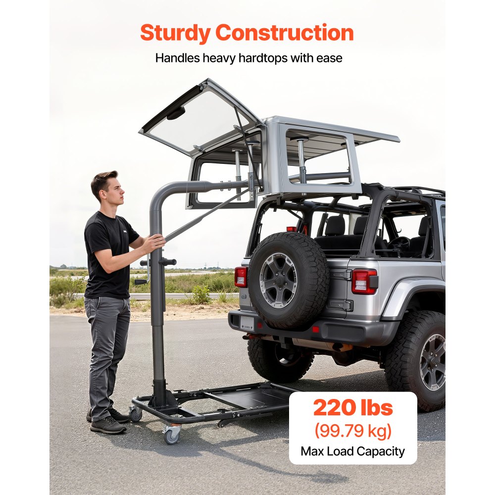 VEVOR Hard Top Remover Lift, 99.79 kg, Foldable Jeep Hardtop Removal and Storage System, Easy One-Person Operation, Adjustable Height, for Jeep Wrangler YJ, TJ, JK, JL, 4XE, Ford Bronco 4 Door &6 Gen+