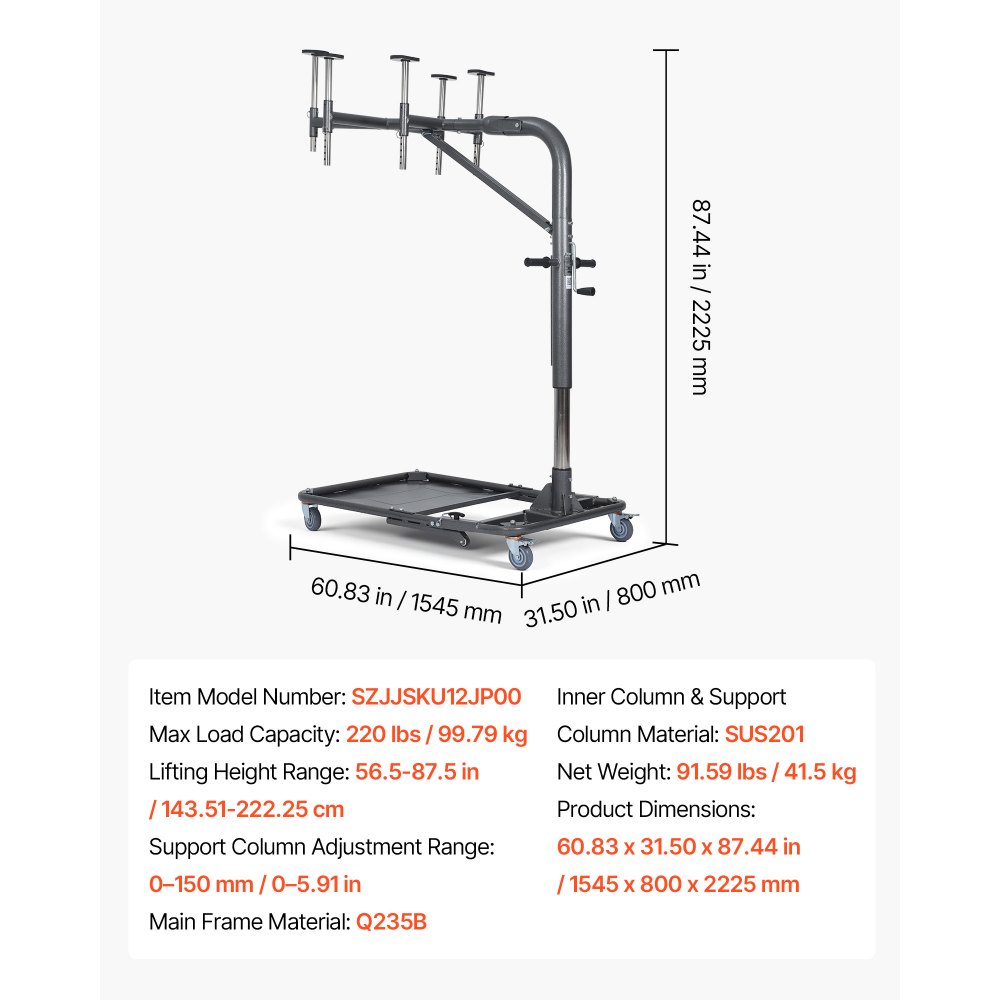 VEVOR Hard Top Remover Lift, 99.79 kg, Foldable Jeep Hardtop Removal and Storage System, Easy One-Person Operation, Adjustable Height, for Jeep Wrangler YJ, TJ, JK, JL, 4XE, Ford Bronco 4 Door &6 Gen+