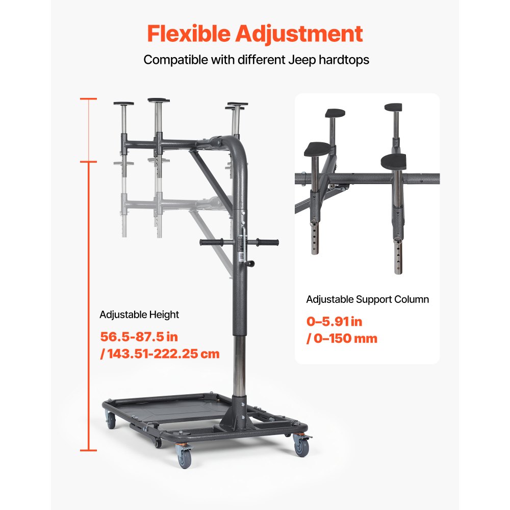 VEVOR Hard Top Remover Lift, 99.79 kg, Foldable Jeep Hardtop Removal and Storage System, Easy One-Person Operation, Adjustable Height, for Jeep Wrangler YJ, TJ, JK, JL, 4XE, Ford Bronco 4 Door &6 Gen+