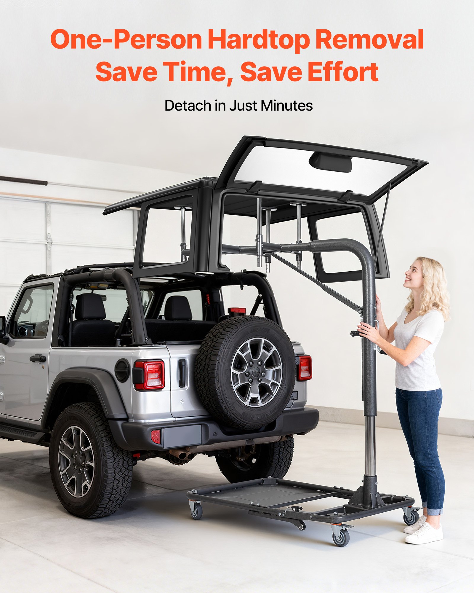 VEVOR Hard Top Remover Lift, 99.79 kg, Foldable Jeep Hardtop Removal and Storage System, Easy One-Person Operation, Adjustable Height, for Jeep Wrangler YJ, TJ, JK, JL, 4XE, Ford Bronco 4 Door &6 Gen+