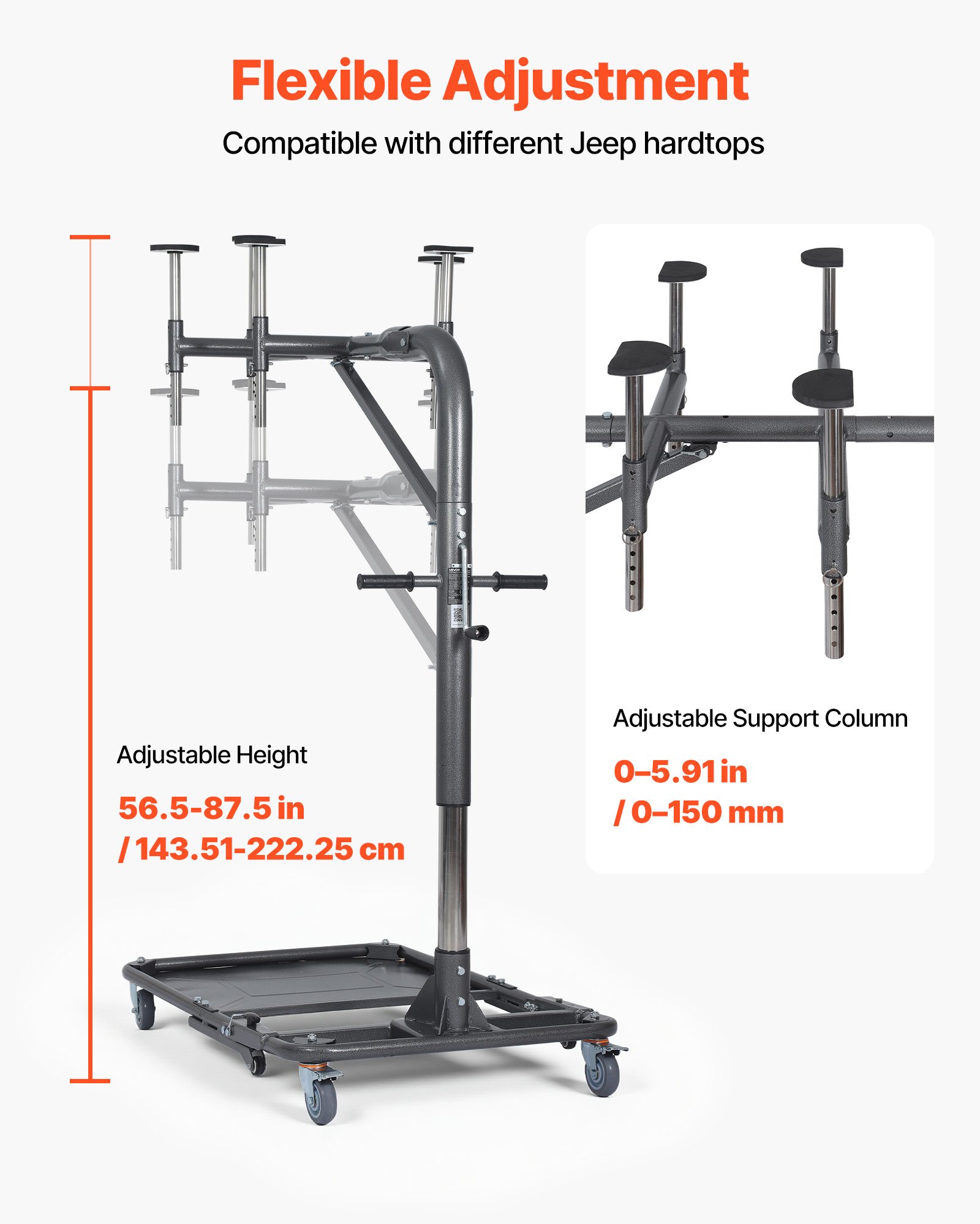 VEVOR Hard Top Remover Lift, 99.79 kg, Foldable Jeep Hardtop Removal and Storage System, Easy One-Person Operation, Adjustable Height, for Jeep Wrangler YJ, TJ, JK, JL, 4XE, Ford Bronco 4 Door &6 Gen+