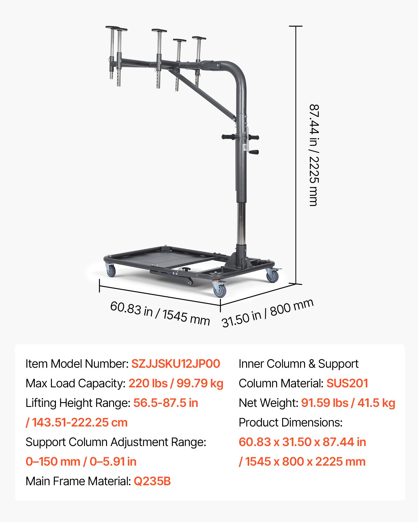 VEVOR Hard Top Remover Lift, 99.79 kg, Foldable Jeep Hardtop Removal and Storage System, Easy One-Person Operation, Adjustable Height, for Jeep Wrangler YJ, TJ, JK, JL, 4XE, Ford Bronco 4 Door &6 Gen+