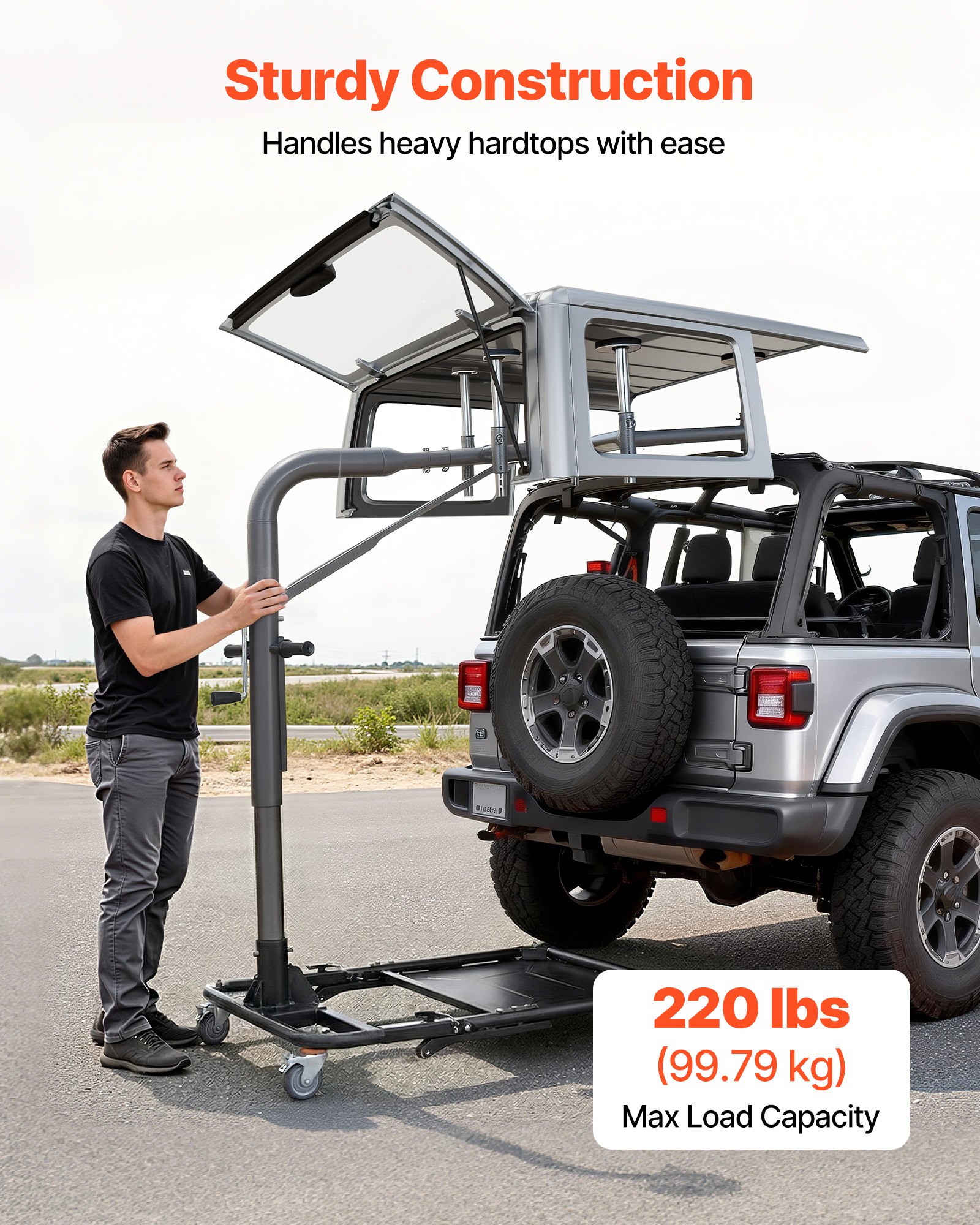 VEVOR Hard Top Remover Lift, 99.79 kg, Foldable Jeep Hardtop Removal and Storage System, Easy One-Person Operation, Adjustable Height, for Jeep Wrangler YJ, TJ, JK, JL, 4XE, Ford Bronco 4 Door &6 Gen+
