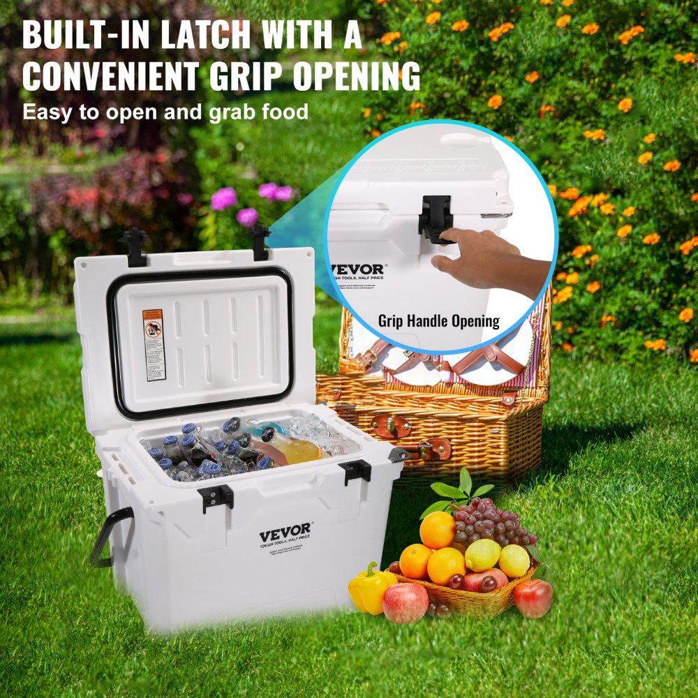 VEVOR Insulated Portable Cooler, 25 qt, Holds 25 Cans, Ice Retention Hard Cooler with Heavy Duty Handle, Ice Chest Lunch Box for Camping, Beach, Picnic, Travel, Outdoor, Keeps Ice for up to 6 Days