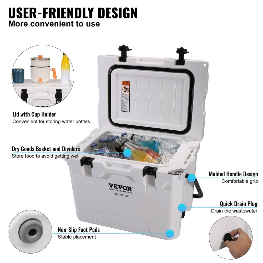 VEVOR Insulated Portable Cooler, 25 qt, Holds 25 Cans, Ice Retention Hard Cooler with Heavy Duty Handle, Ice Chest Lunch Box for Camping, Beach, Picnic, Travel, Outdoor, Keeps Ice for up to 6 Days