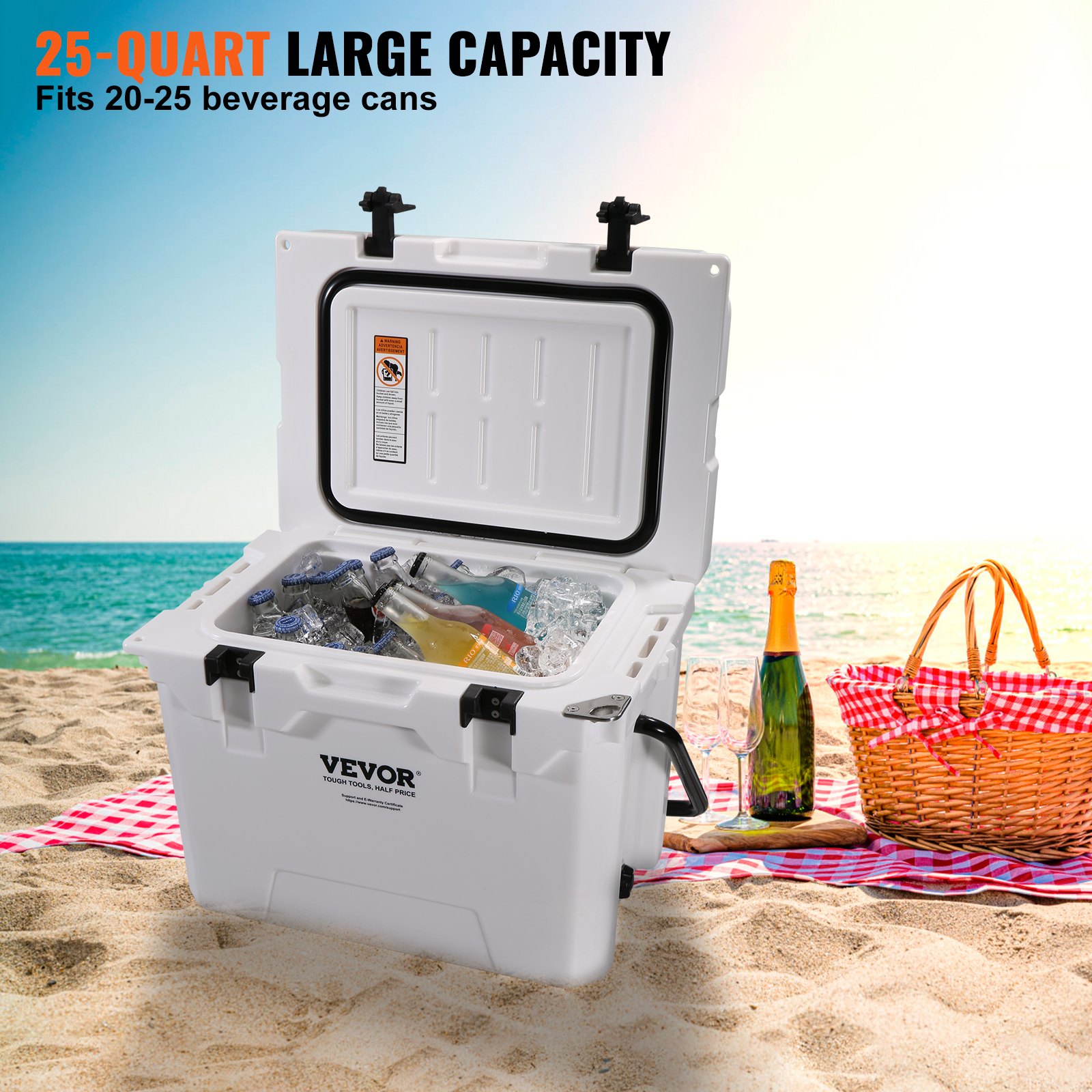 VEVOR Insulated Portable Cooler, 24 L, Holds 25 Cans, Ice Retention Hard Cooler with Heavy Duty Handle, Ice Chest Lunch Box for Camping, Beach, Picnic, Travel, Outdoor, Keeps Ice for up to 6 Days