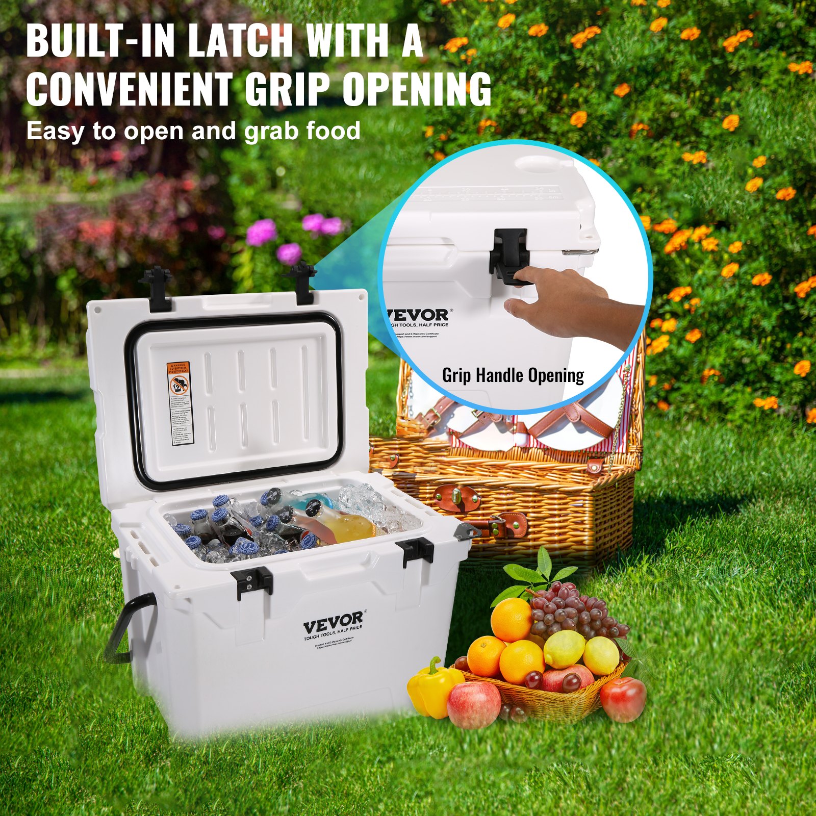 VEVOR Insulated Portable Cooler, 25 qt, Holds 25 Cans, Ice Retention Hard Cooler with Heavy Duty Handle, Ice Chest Lunch Box for Camping, Beach, Picnic, Travel, Outdoor, Keeps Ice for up to 6 Days