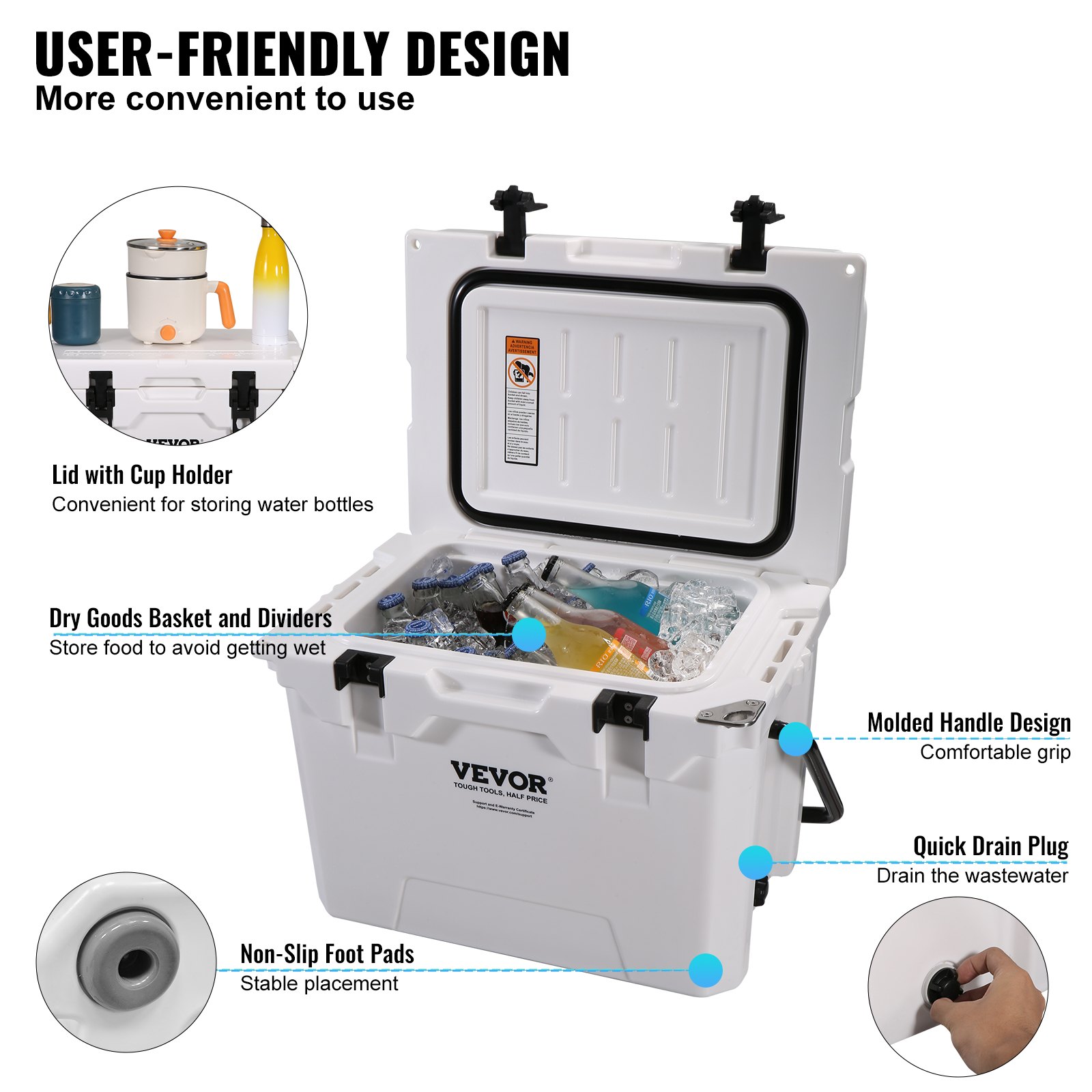 VEVOR Insulated Portable Cooler, 25 qt, Holds 25 Cans, Ice Retention Hard Cooler with Heavy Duty Handle, Ice Chest Lunch Box for Camping, Beach, Picnic, Travel, Outdoor, Keeps Ice for up to 6 Days