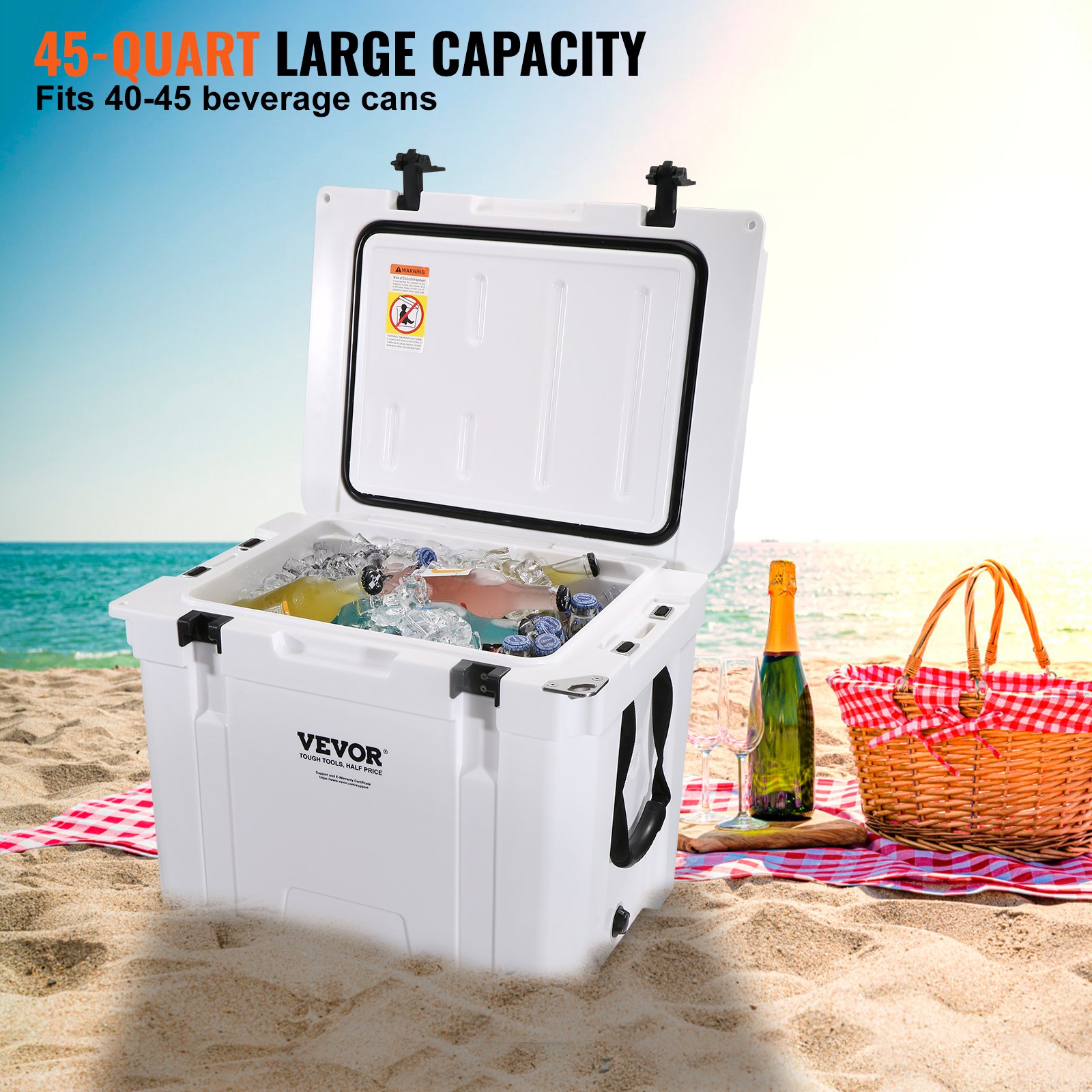 VEVOR Insulated Portable Cooler, 45 qt, Holds 45 Cans, Ice Retention Hard Cooler with Heavy Duty Handle, Ice Chest Lunch Box for Camping, Beach, Picnic, Travel, Outdoor, Keeps Ice for up to 6 Days