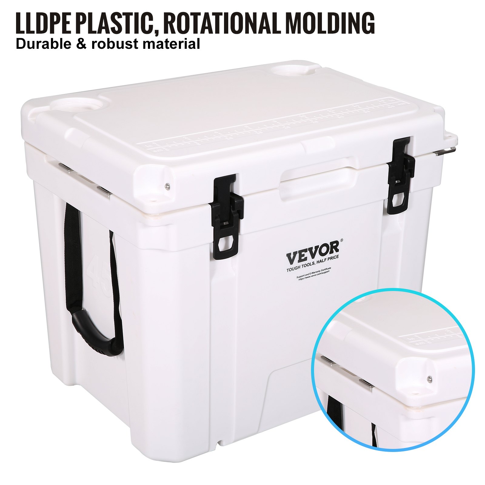 VEVOR Insulated Portable Cooler, 45 qt, Holds 45 Cans, Ice Retention Hard Cooler with Heavy Duty Handle, Ice Chest Lunch Box for Camping, Beach, Picnic, Travel, Outdoor, Keeps Ice for up to 6 Days