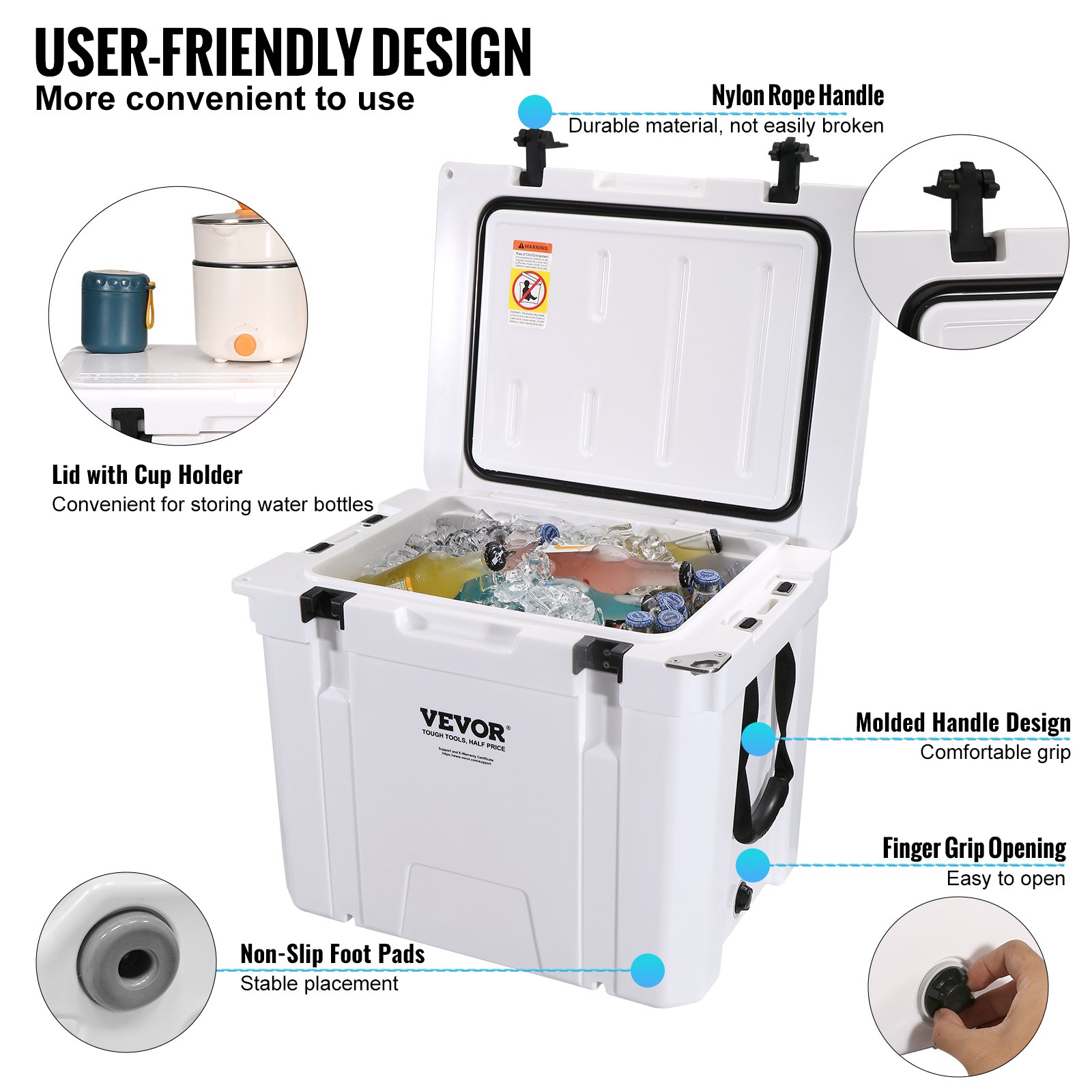 VEVOR Insulated Portable Cooler, 45 qt, Holds 45 Cans, Ice Retention Hard Cooler with Heavy Duty Handle, Ice Chest Lunch Box for Camping, Beach, Picnic, Travel, Outdoor, Keeps Ice for up to 6 Days