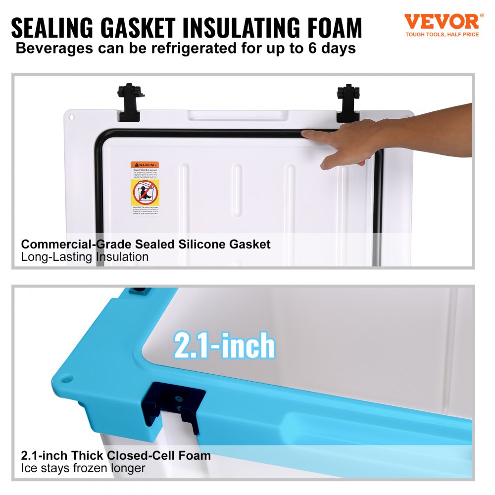 VEVOR portable cooler with 2.1-inch thick foam and commercial-grade silicone gasket for long-lasting insulation.