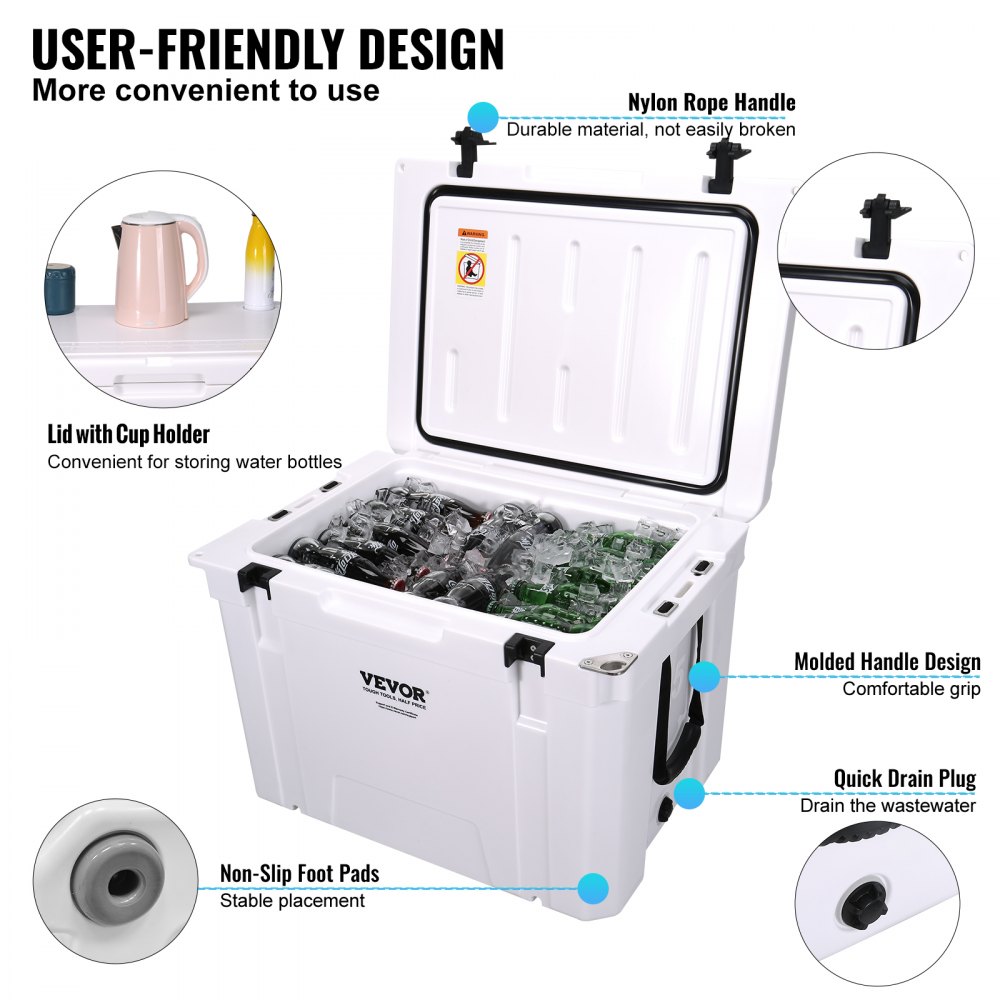 VEVOR portable cooler with lid cup holder, nylon rope handle, molded handles, and quick drain plug.