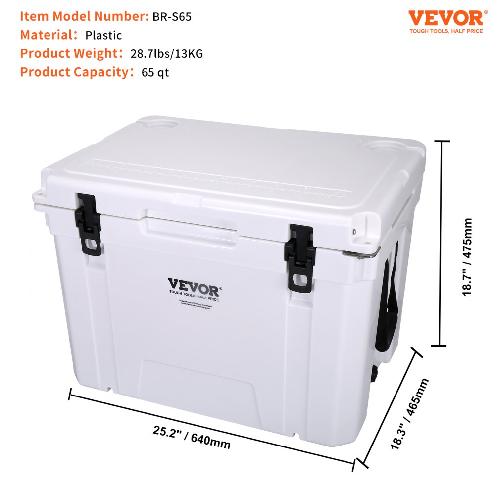 VEVOR portable cooler, 65qt, plastic, white, dimensions 25.2&quot;x18.3&quot;x18.7&quot;, weight 28.7lbs