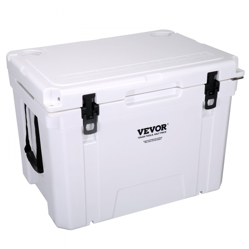 VEVOR portable cooler with sturdy white body, black latches, and carrying handles drawn up.